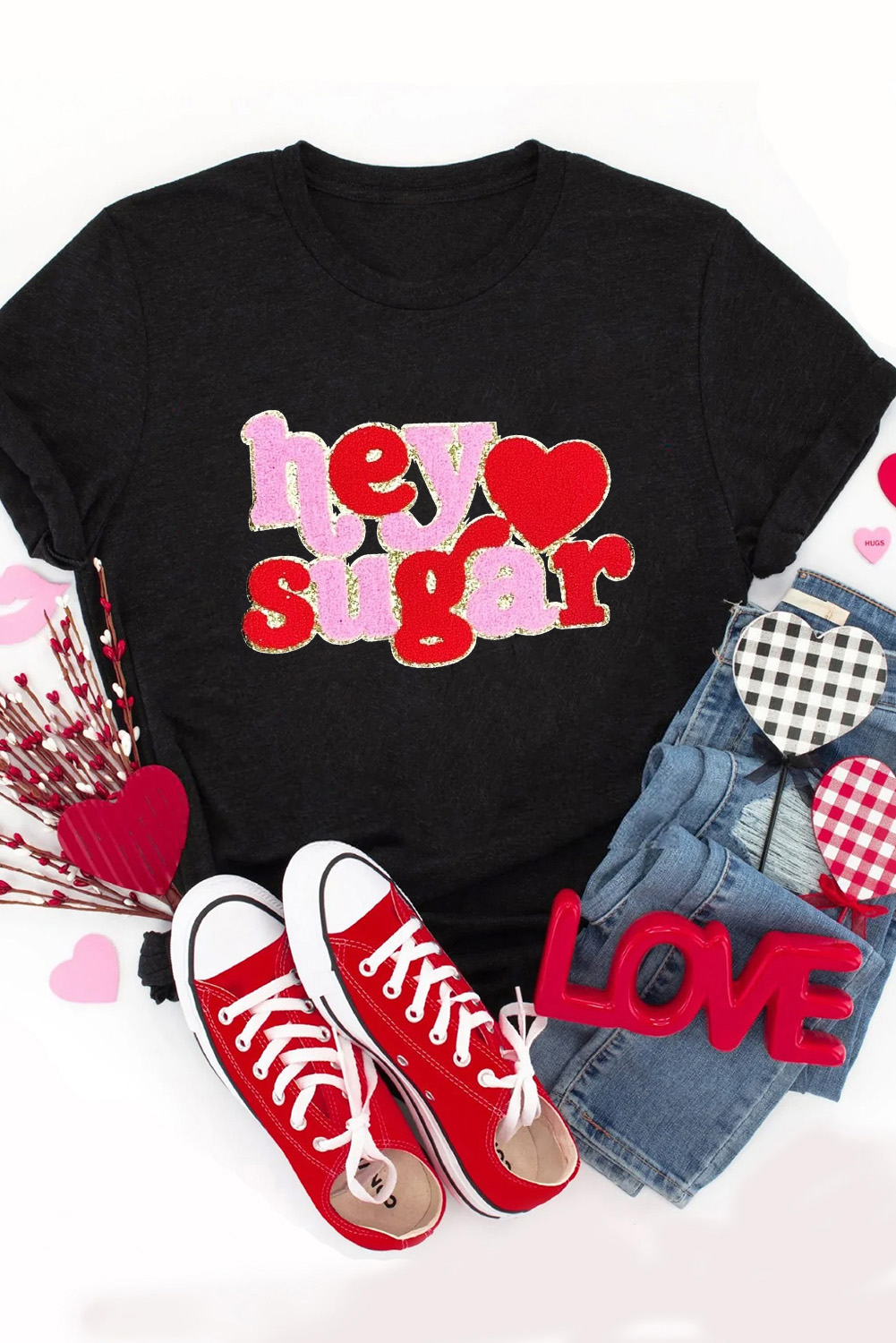 Black Chenille Heart hey sugar Patched Crewneck Valentines Tee - loveforevers