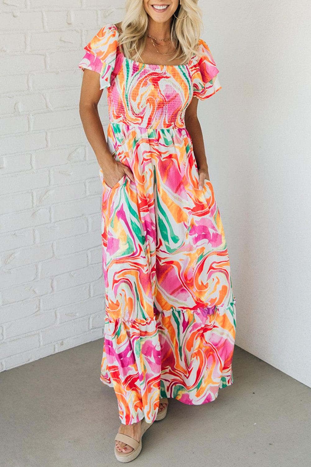 Pink Abstract Print Ruffled Sleeve Smocked Bust Maxi Dress - loveforevers