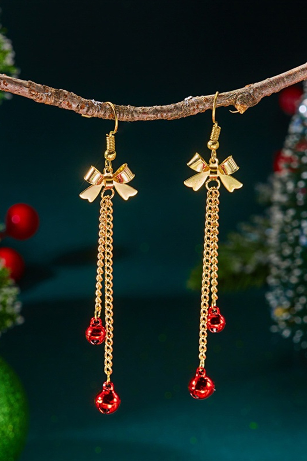 Fiery Red Jingle Bell Tassel Dangle Gold Plated Bow Hook Earrings - loveforevers