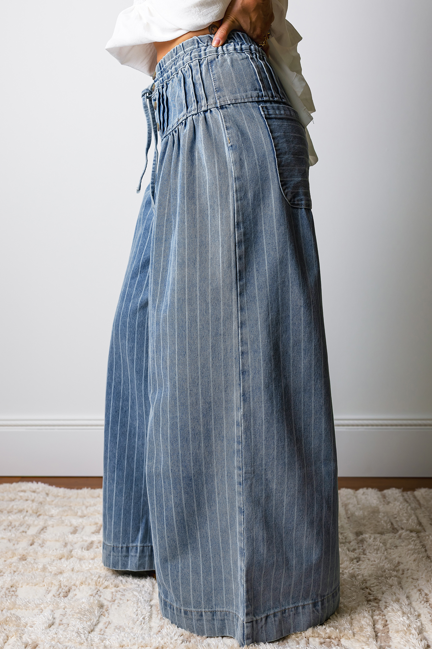 Sky Blue Stripe Button Pleated Drawstring Waist Casual Wide Leg Jeans - loveforevers