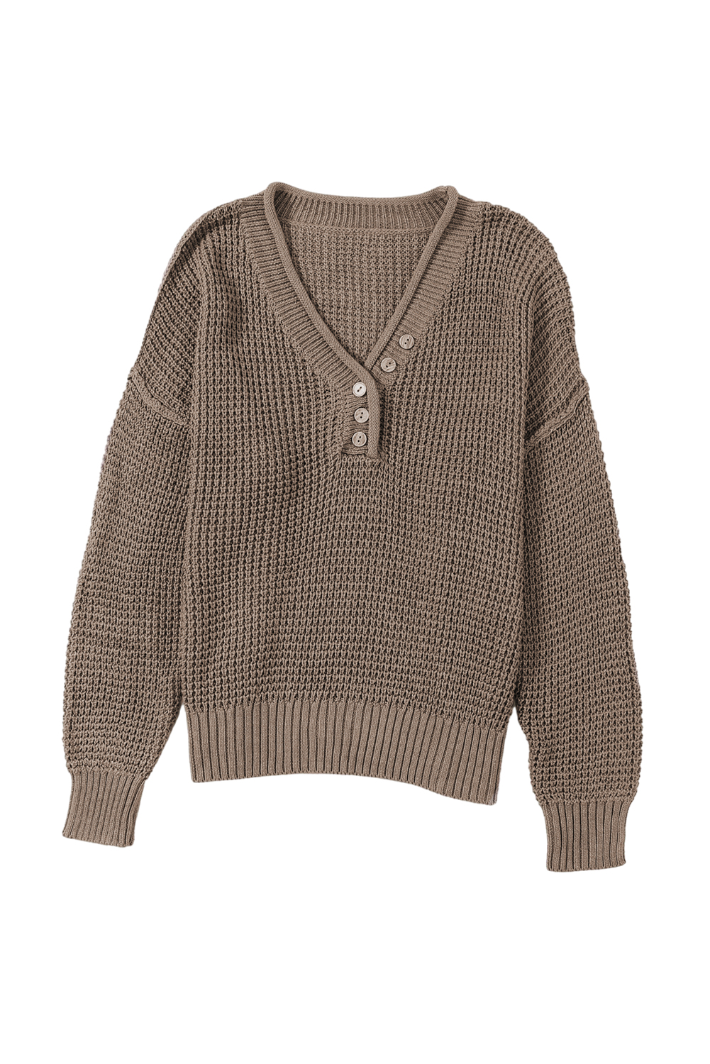 Khaki Pointelle Knit Button V Neck Drop Shoulder Sweater - loveforevers