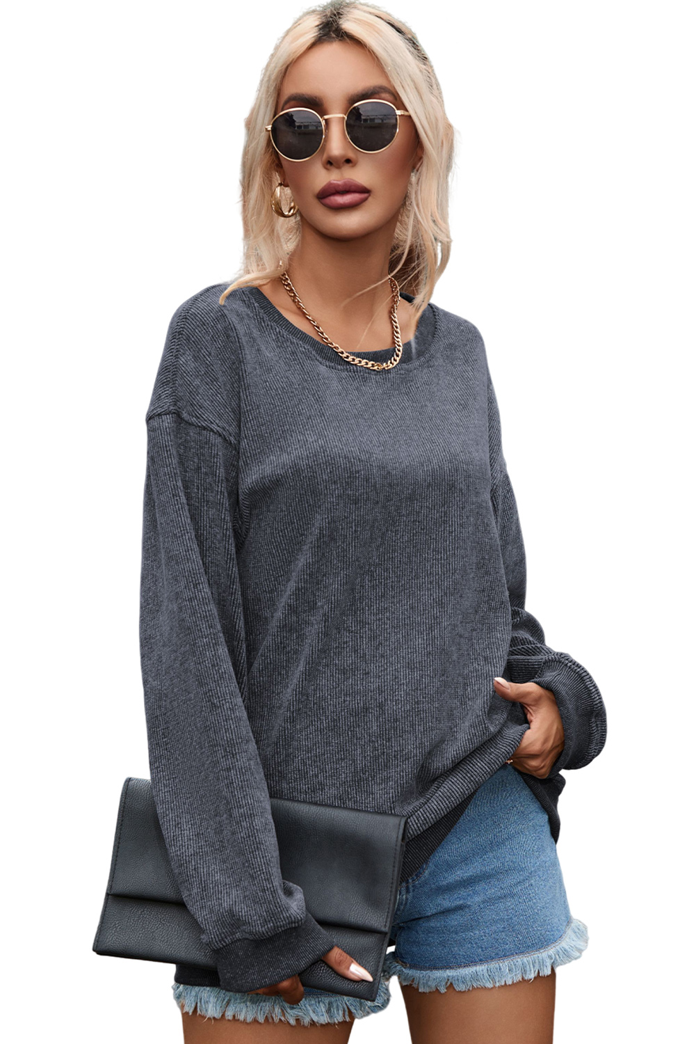 Pink Solid Ribbed Knit Round Neck Pullover Sweatshirt - loveforevers