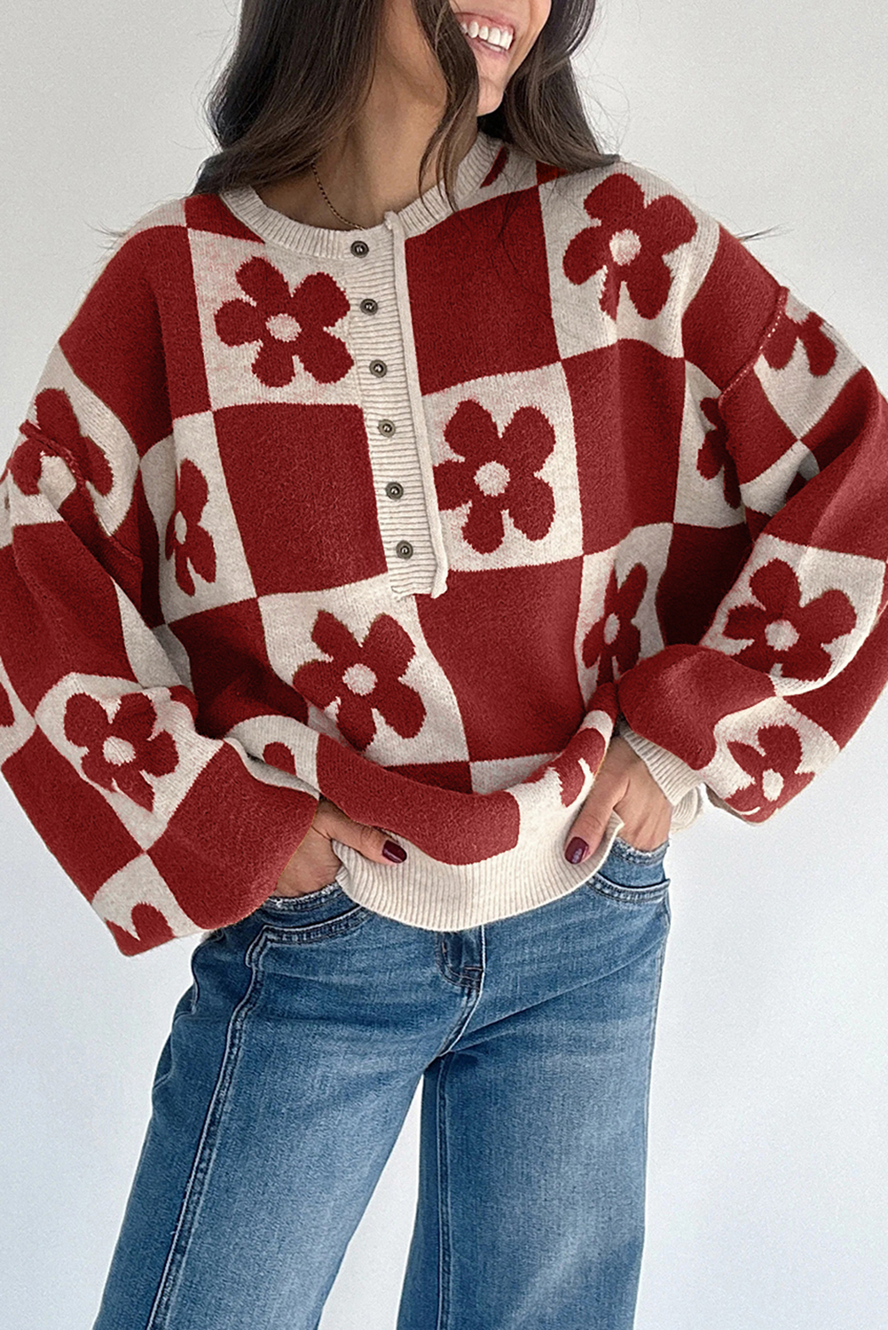 Black Flower Plaid Henley Baggy Sweater - loveforevers