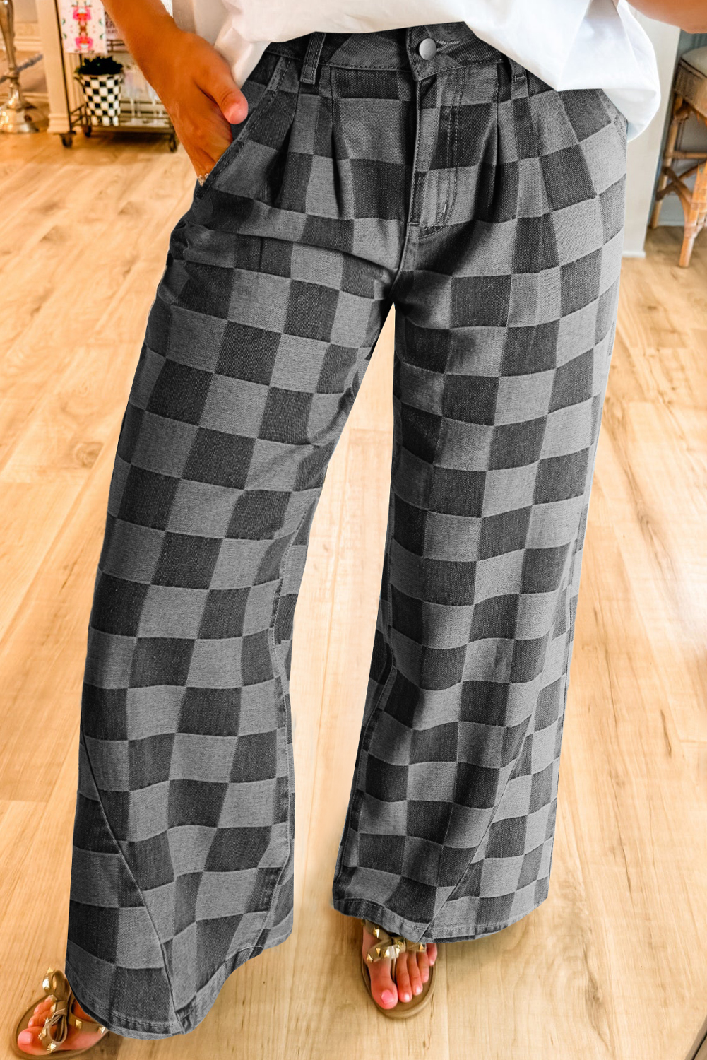 Dark Grey Checkered Denim Wide Leg Jeans - loveforevers