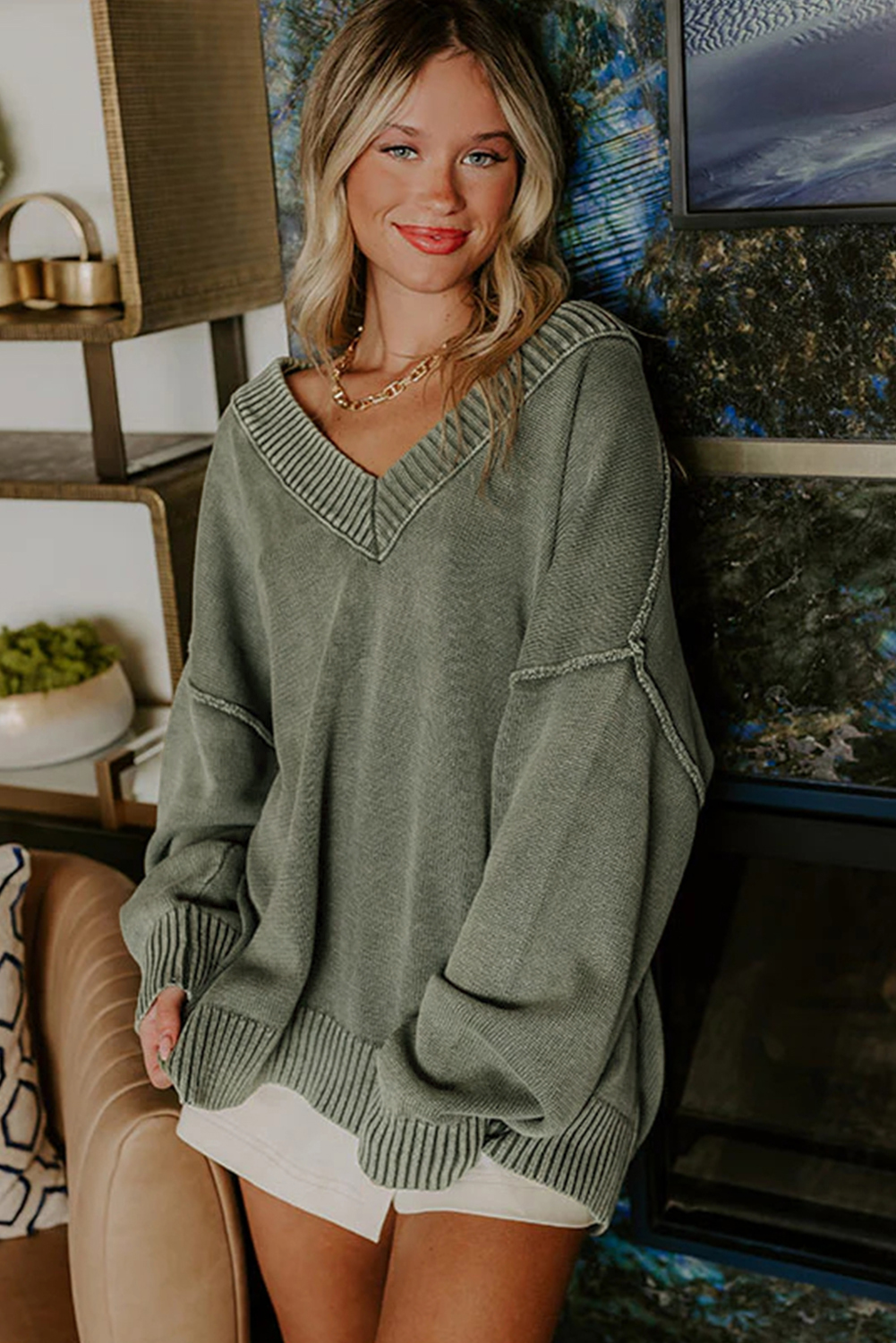 Four Leaf Clover Mineral Wash V Neck Knit Exposed Seam Drop Shoulder Loose Sweater - loveforevers