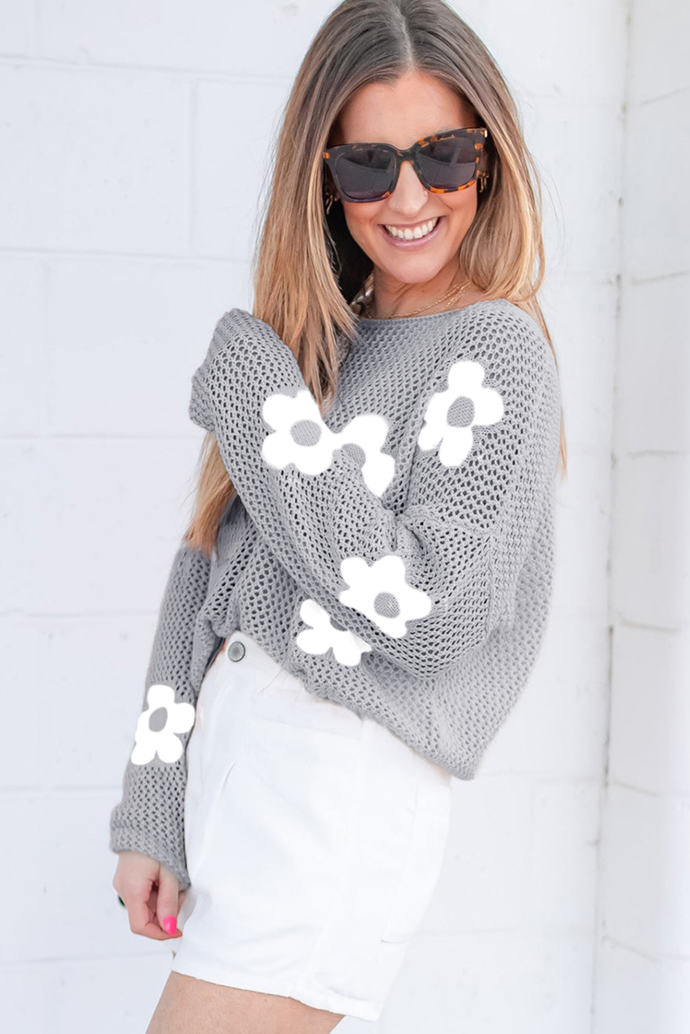 Light Pink Big Flower Hollowed Knit Drop Shoulder Sweater - loveforevers