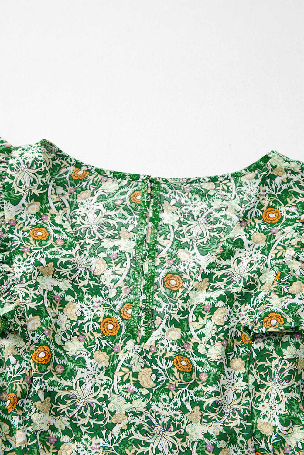 Green Flower Print Flutter Sleeve V Neck Sashed Ruffled Mini Dress - loveforevers