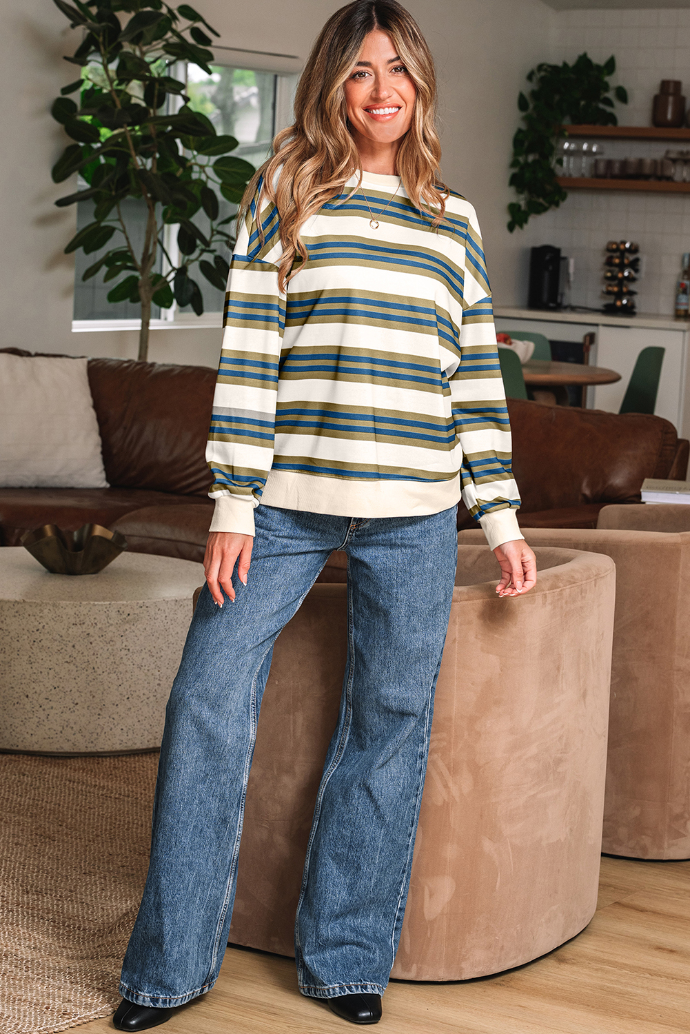 Khaki Stripe Crew Neck Drop Shoulder Pullover Sweatshirt - loveforevers