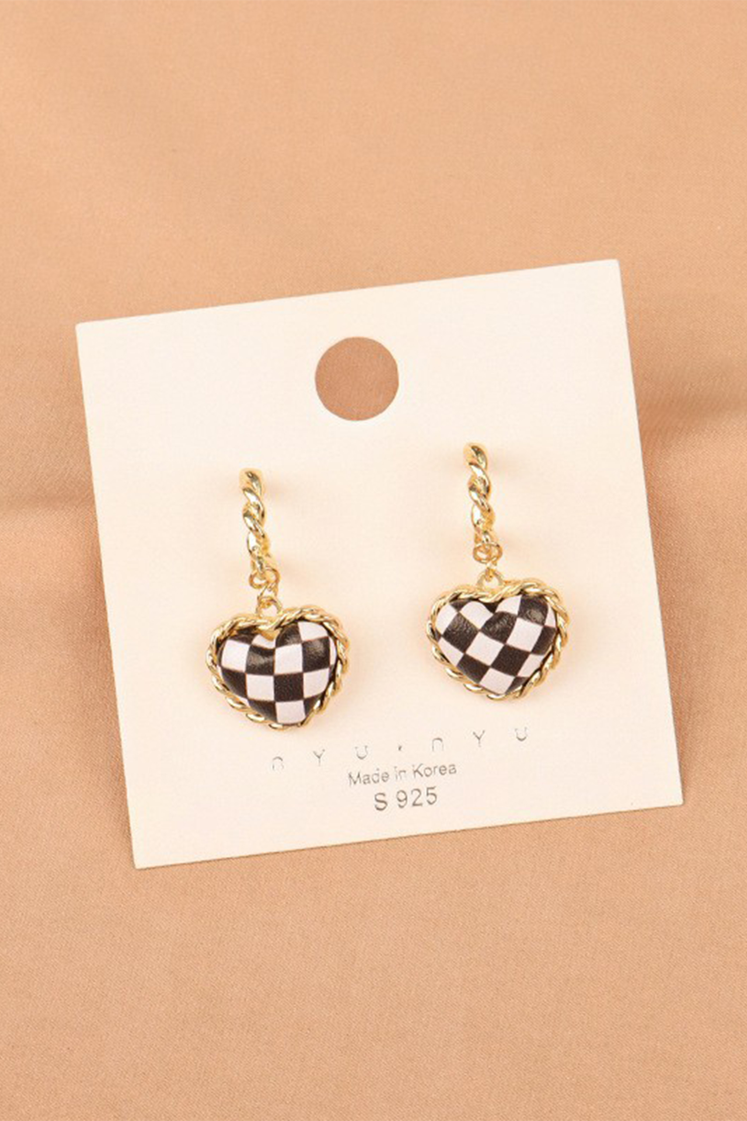 Black Checkered Heart Dangle Gold Plated Twisted Hoop Stud Earrings - loveforevers