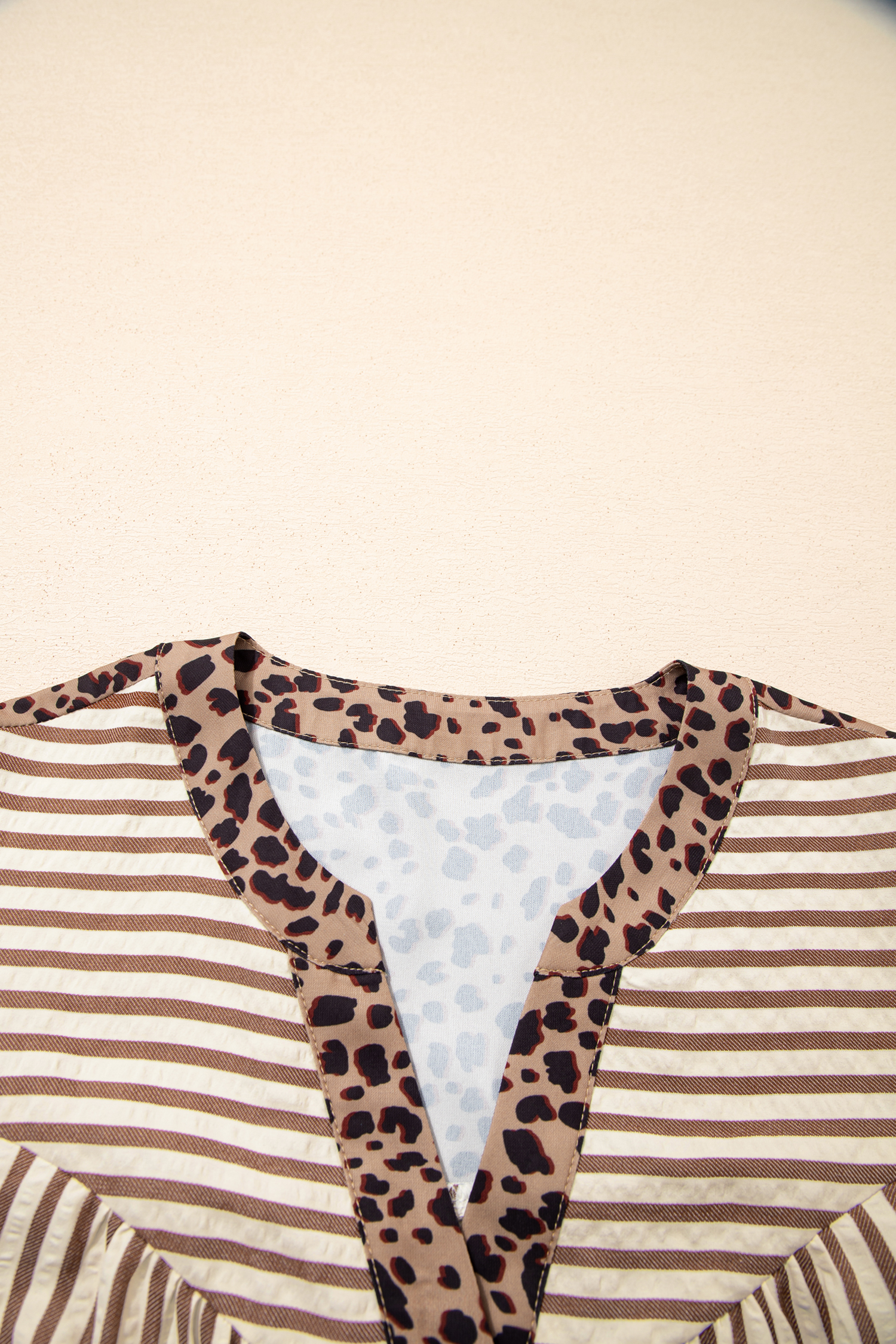 Khaki Stripe Square Button Leopard Trim Loose Bracelet Sleeve Shirt Dress - loveforevers
