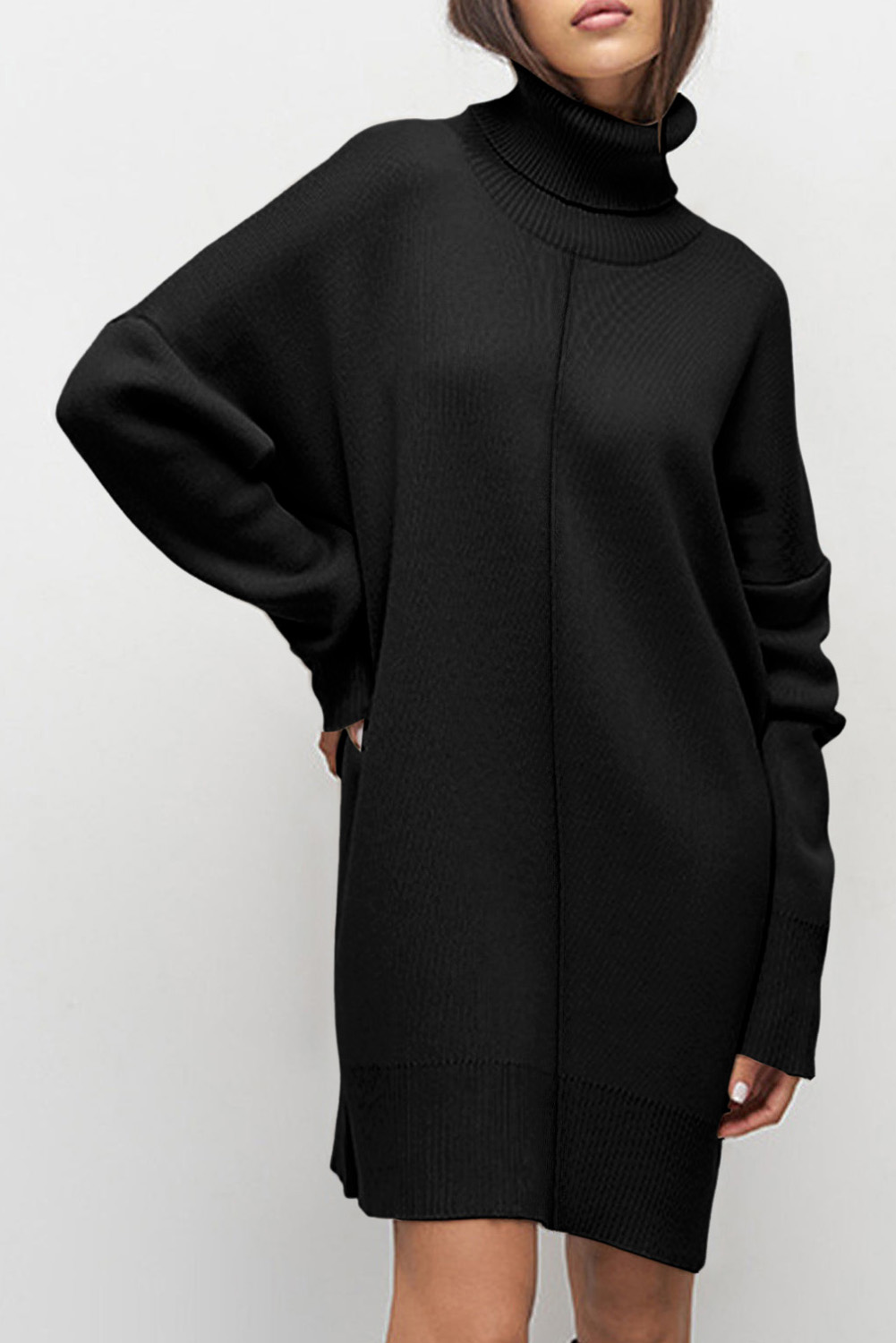 Black Solid Color Turtleneck Drop Shoulder Loose Sweater Dress - loveforevers