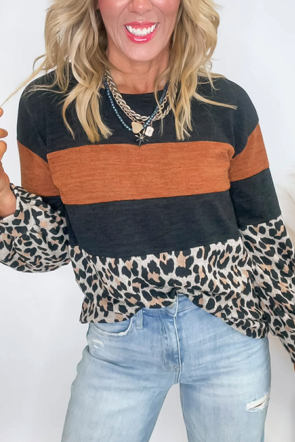 Black Color Block Leopard Patchwork Long Sleeve Casual Top - loveforevers