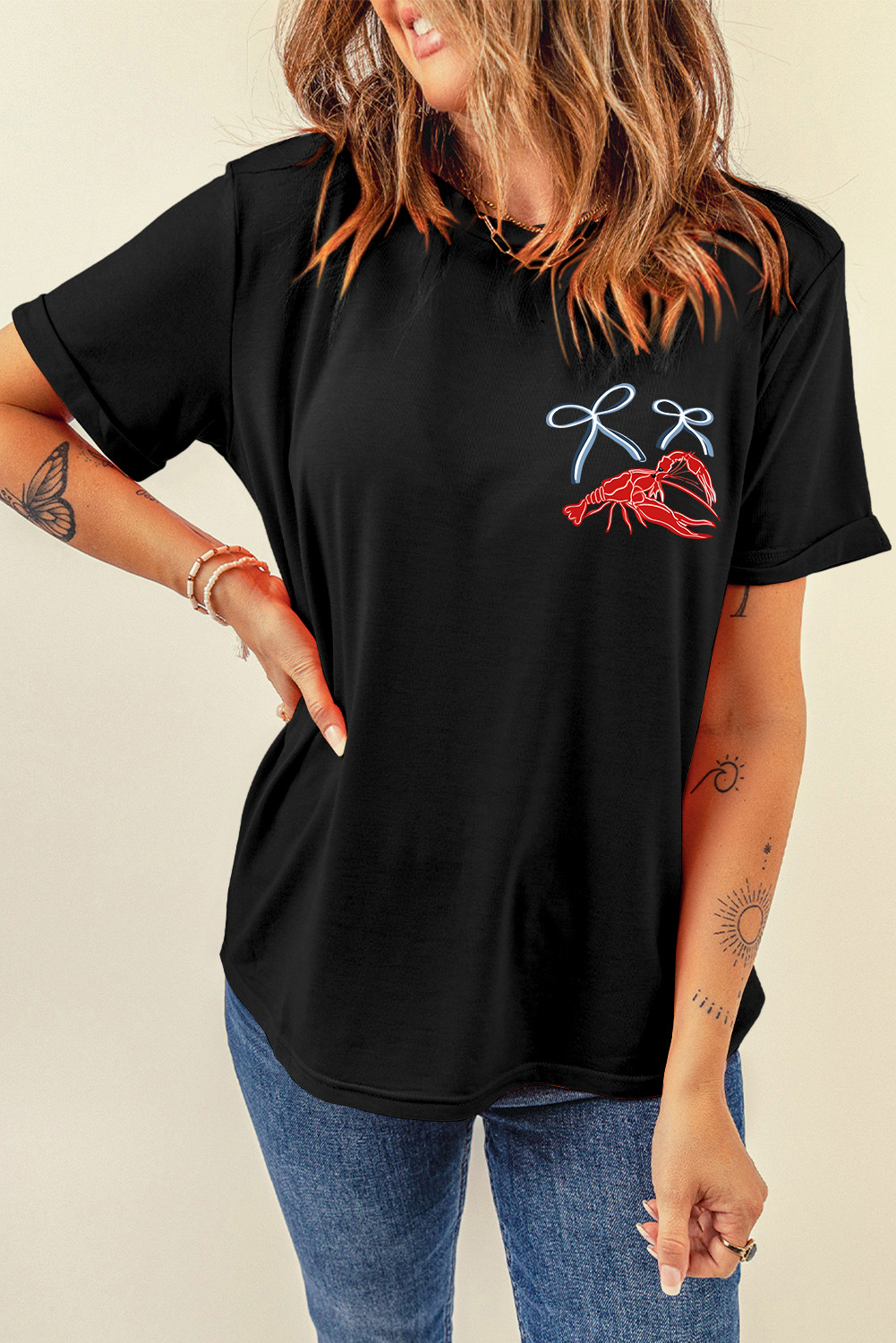 Black Girlie Bow Crawfish Printed T Shirt - loveforevers