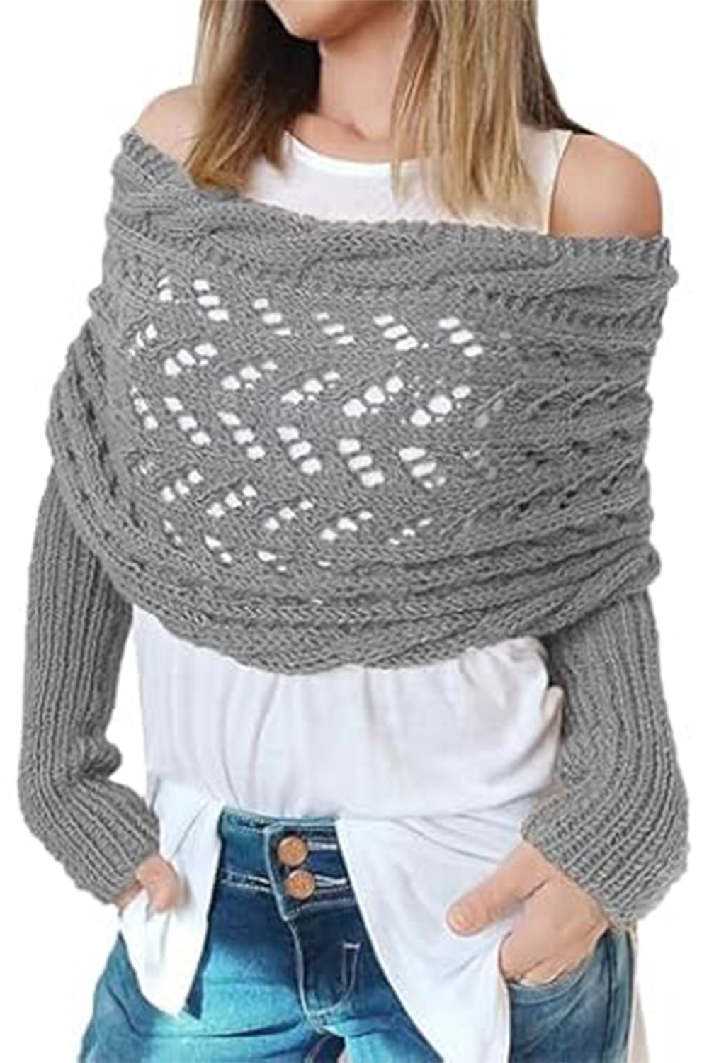 Gray Cross Detail Hollowed Knit Scarf with Sleeves - loveforevers