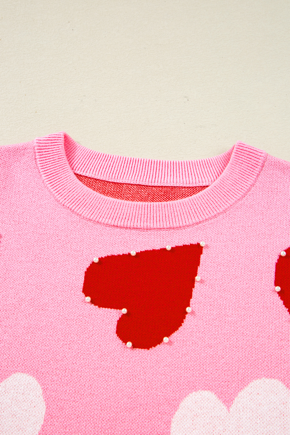 Pink Pearl Embellished Heart Pattern Valentines Day Sweater - loveforevers