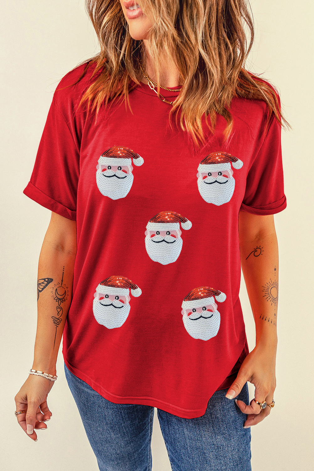 Black Faux Sequin Christmas Claus Pattern Crewneck T Shirt - loveforevers