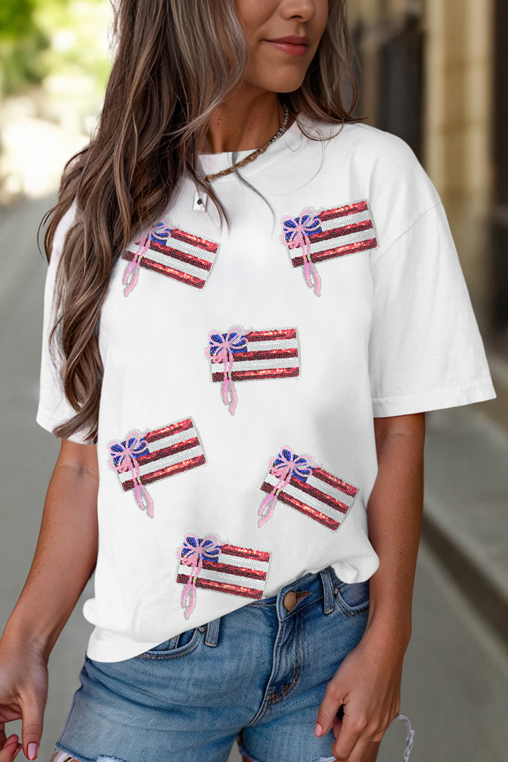 White Sequin Bow American Flag Patched T Shirt - loveforevers