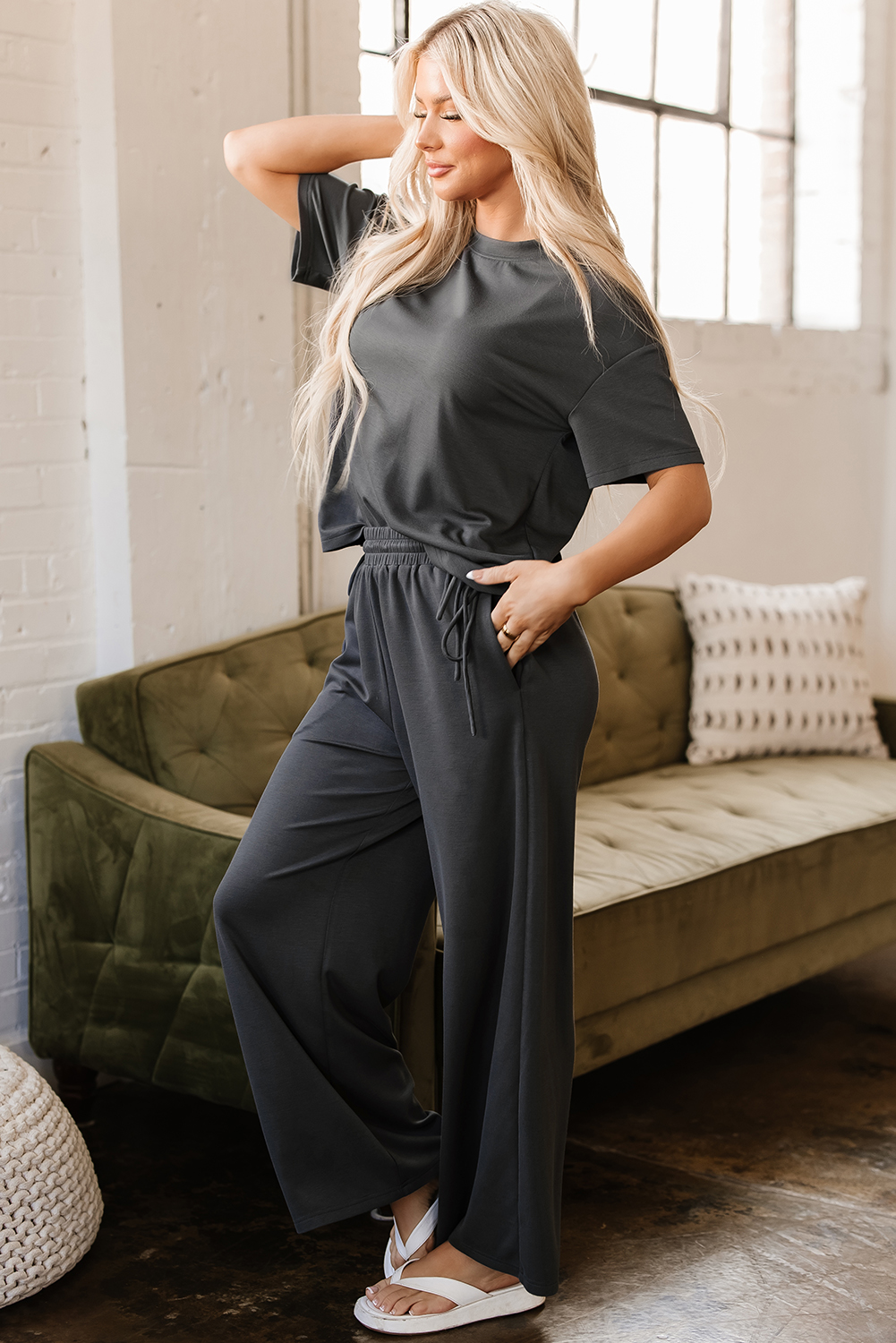 Dark Grey Drawstring Side Crewneck Tee and Loose Pants Set - loveforevers
