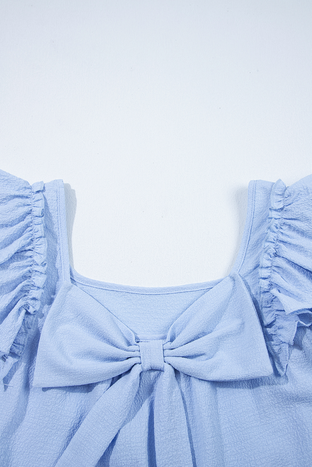 Beau Blue Textured Bow Knot Frilled Butterfly Sleeve Blouse - loveforevers
