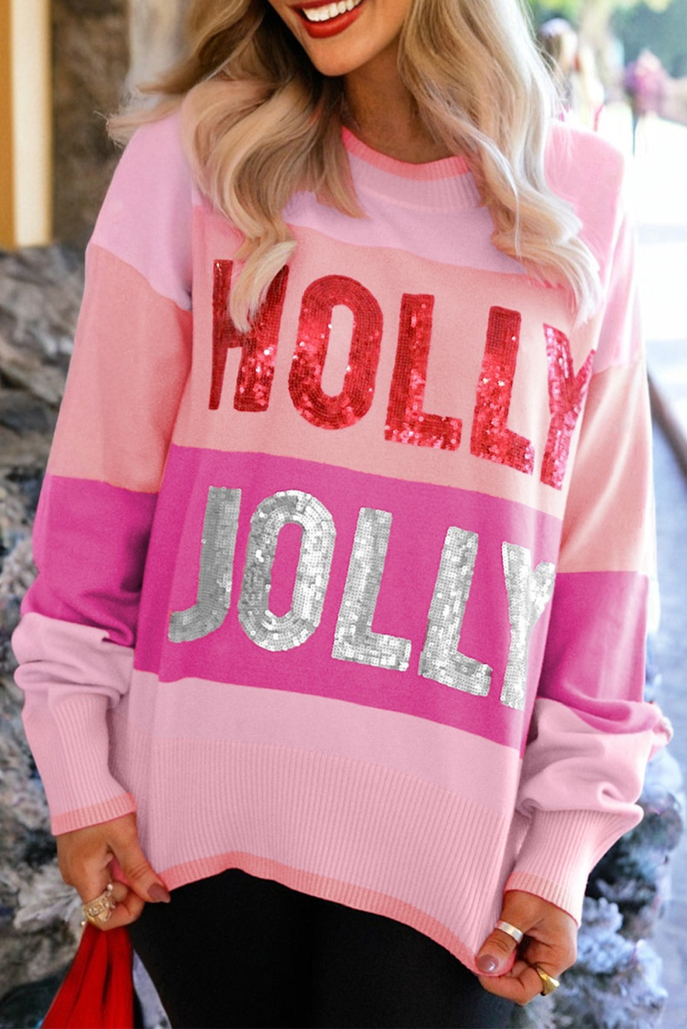 Pink Sequined HOLLY JOLLY Color Block Crew Neck Sweater - loveforevers