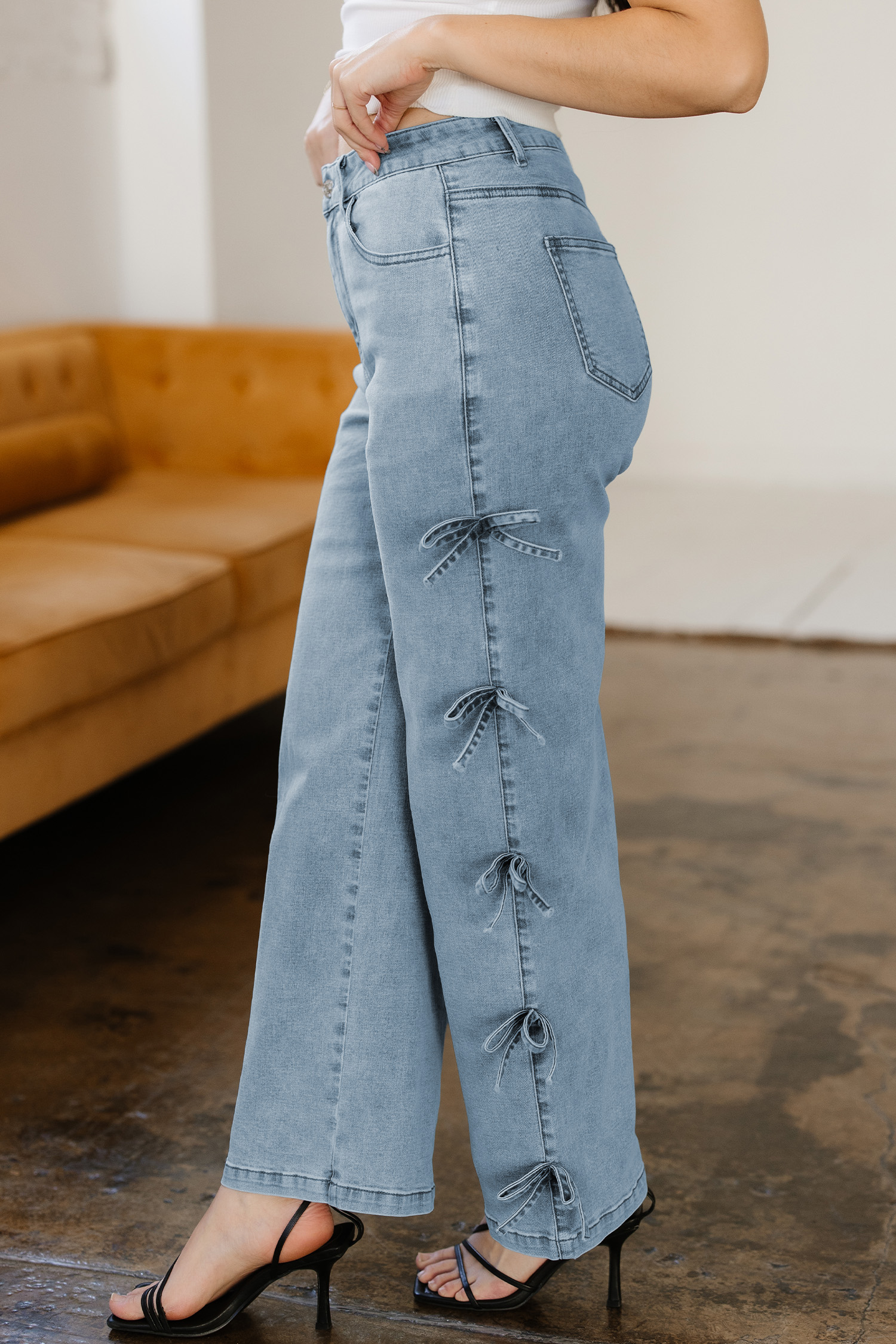 White Bow Knot Side Detail Straight Leg Loose Jeans - loveforevers