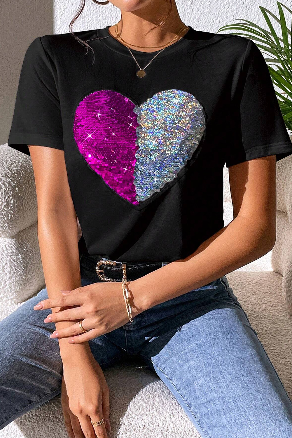 Red Leopard Striped Heart Shaped Print Crew Neck T Shirt - loveforevers