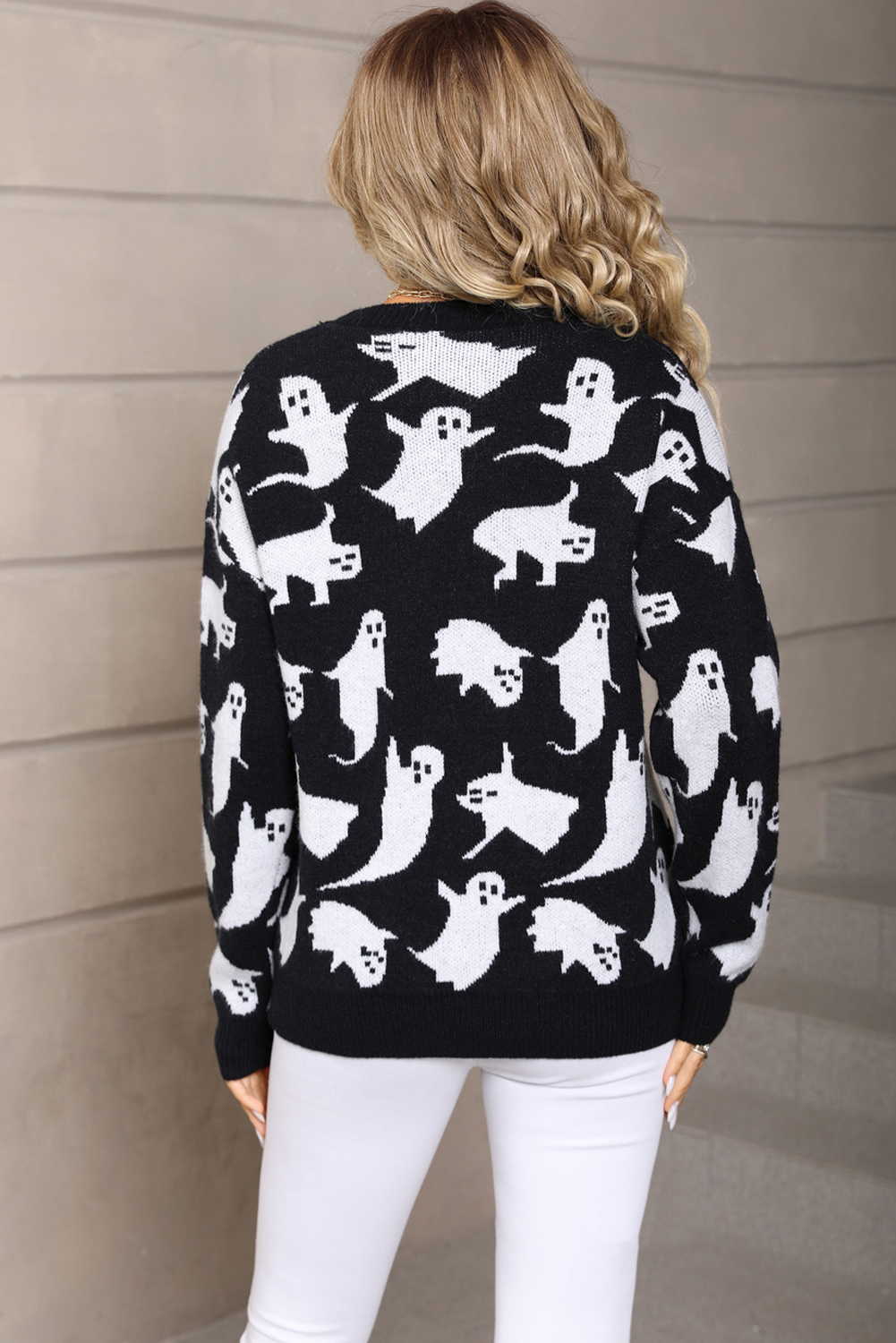 Black Halloween Ghost Allover Drop Shoulder Holiday Sweater - loveforevers