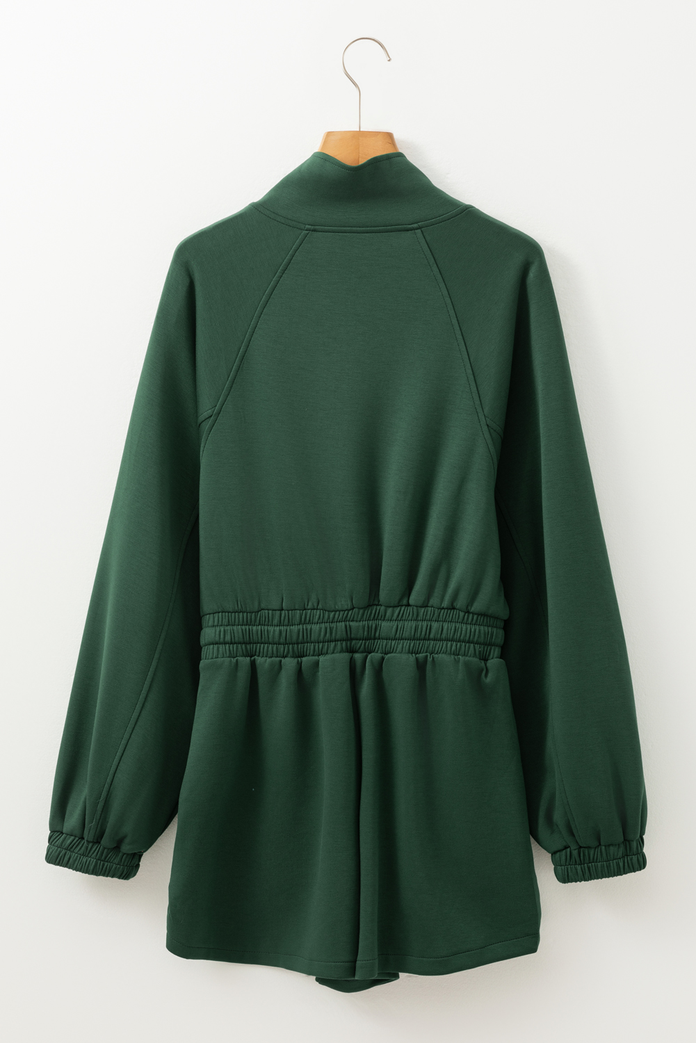 Blackish Green Collared Half Zip French Terry Knit Drawstring Casual Romper - loveforevers