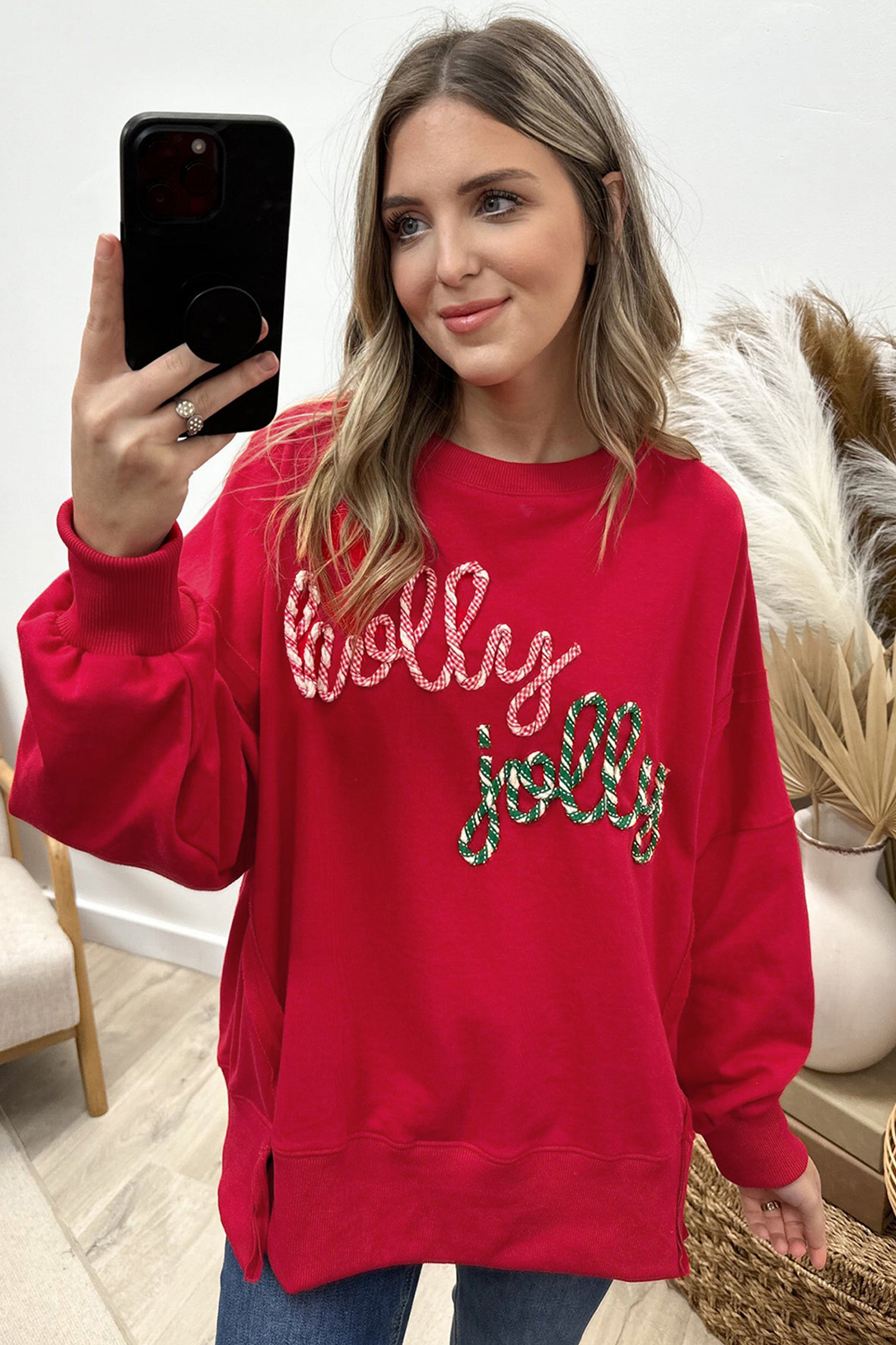 Racing Red Holly Jolly Embroidered Graphic Baggy Sweatshirt - loveforevers