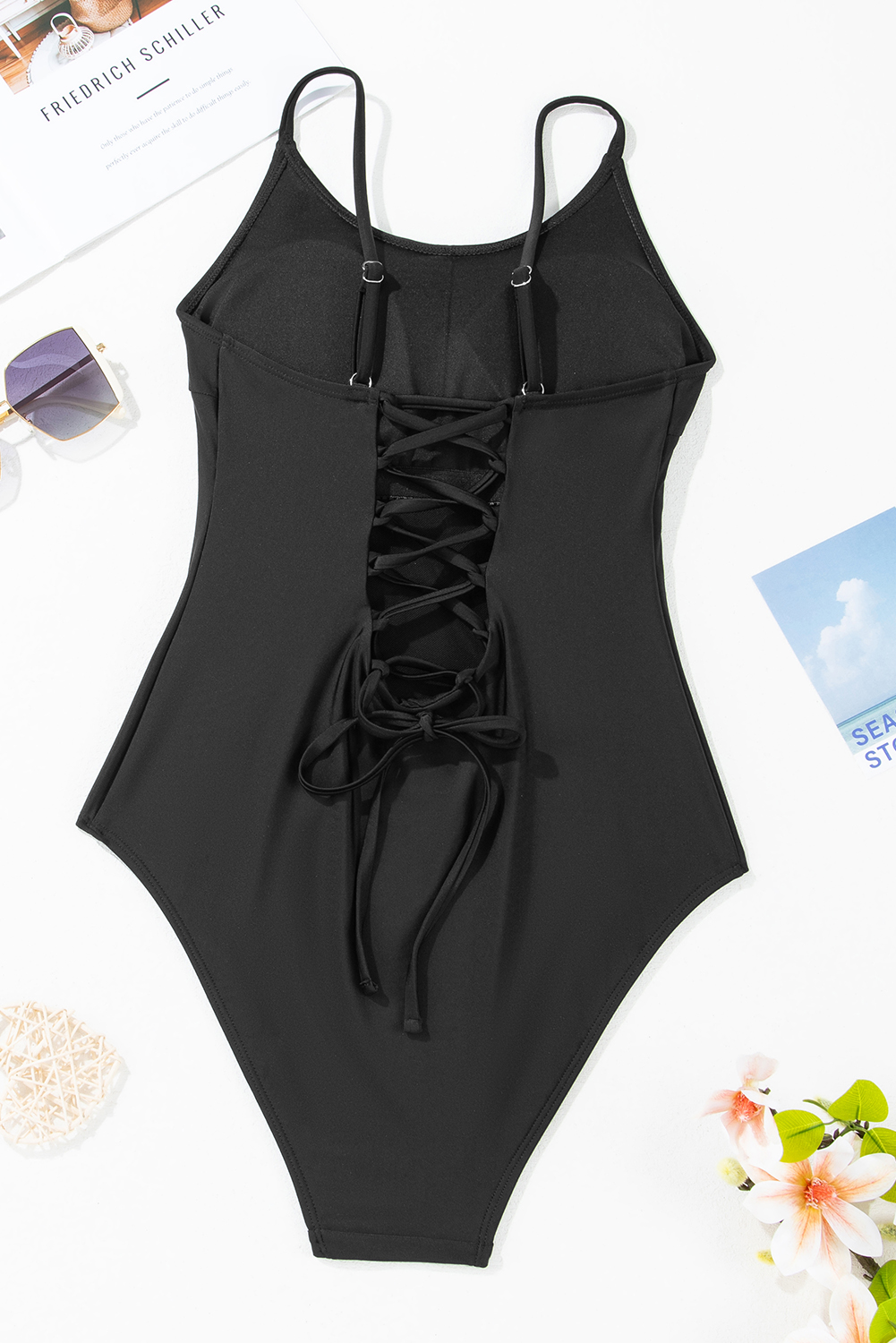 Dearlove Black Thin Strap Strappy Lace-up Open Back One Piece Swimsuit - loveforevers