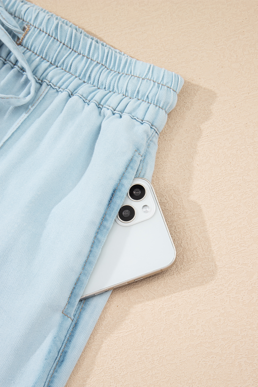 Beau Blue Light Wash Contrast Trim Center Seam Drawstring Elastic Waistband Wide Leg Denim Pants - loveforevers