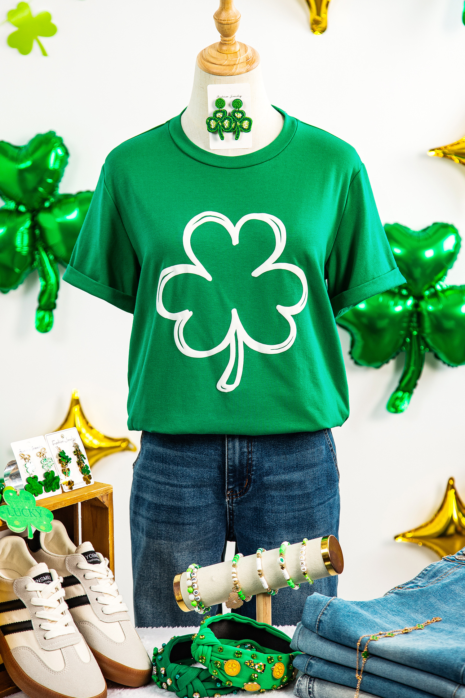 Bright Green St Patricks Day Lucky Shamrock Printed Casual Tee - loveforevers