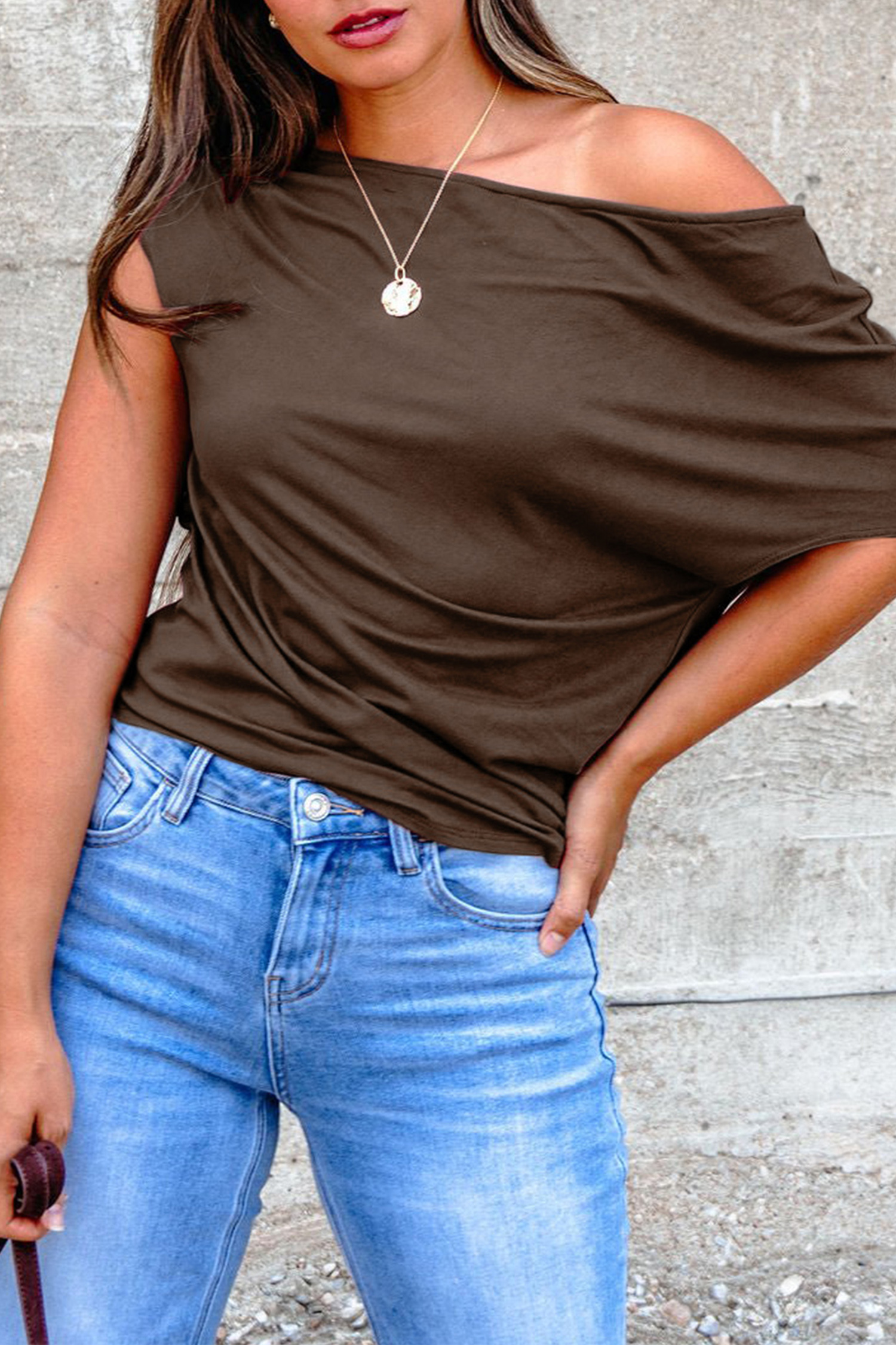 Coffee Plus Size Solid Color Asymmetric Neck Short Sleeve Blouse - loveforevers