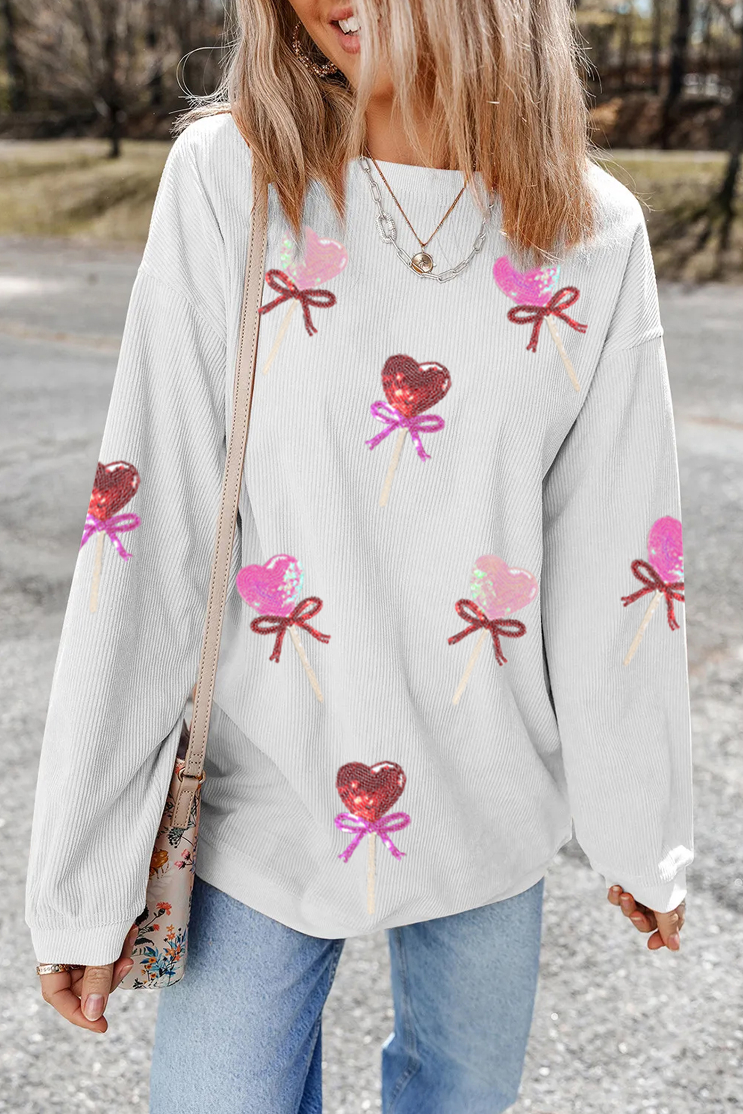 White Heart Lollipop Sequin Pattern Valentine Sweatshirt - loveforevers