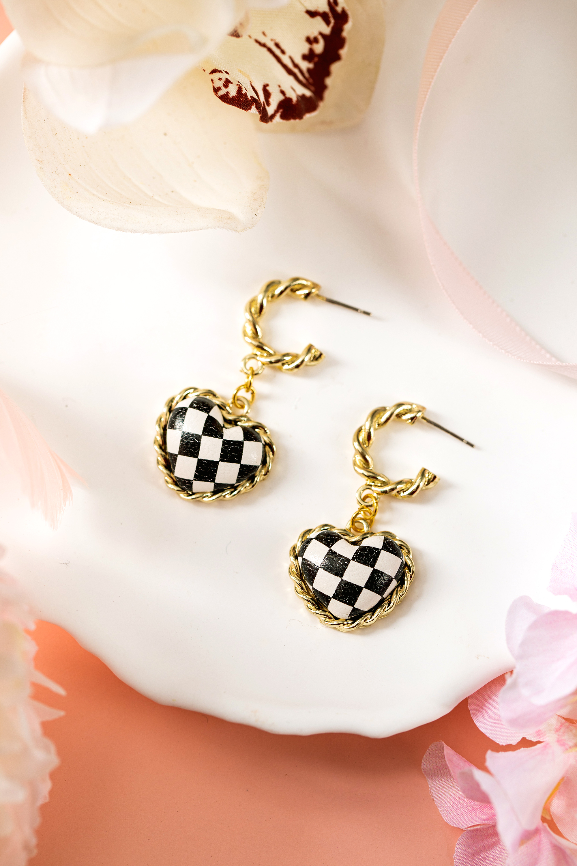 Black Checkered Heart Dangle Gold Plated Twisted Hoop Stud Earrings - loveforevers