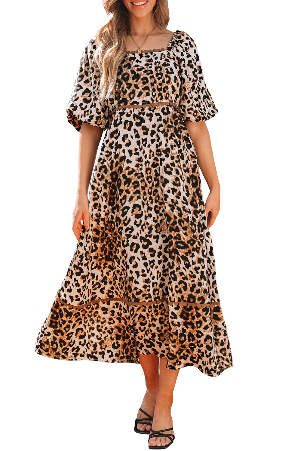 Brown Leopard Print Bubble Sleeve Square Neck Maxi Dress - loveforevers