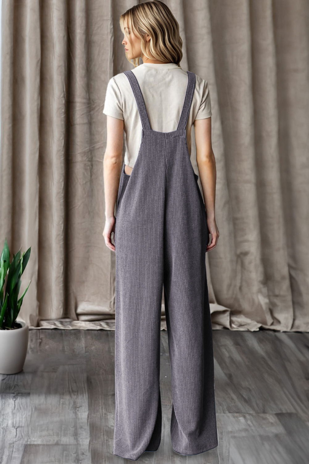 Dark Grey Ribbed Knit Patched Pocket Wide Leg Overalls - loveforevers