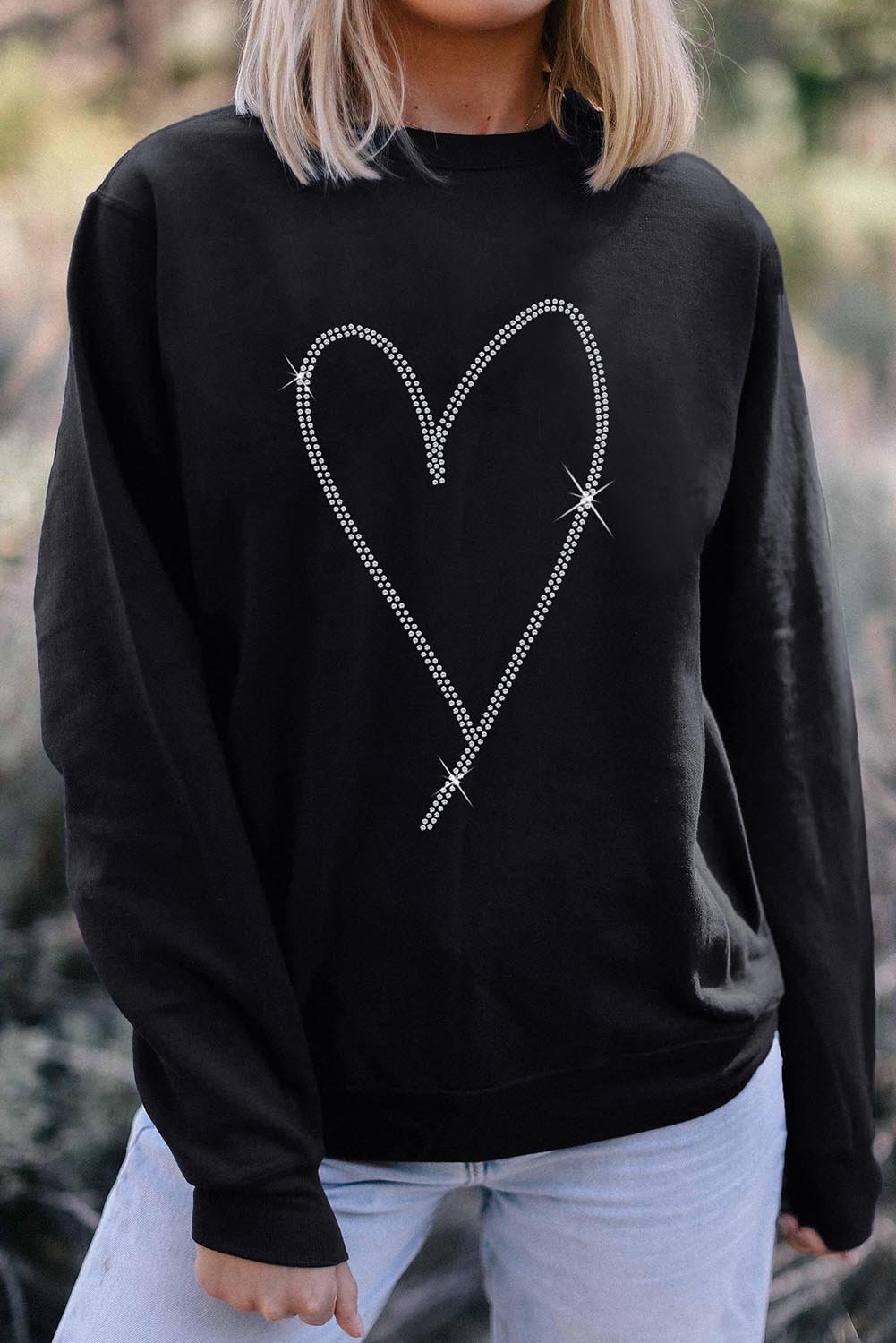 Black Rhinestone Heart Pattern Valentines Fashion Sweatshirt - loveforevers