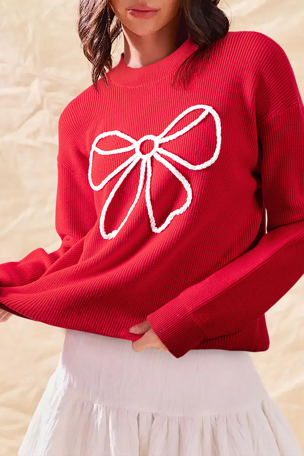 Fiery Red Bow Embroidered Graphic Ribbed Sweater Top - loveforevers