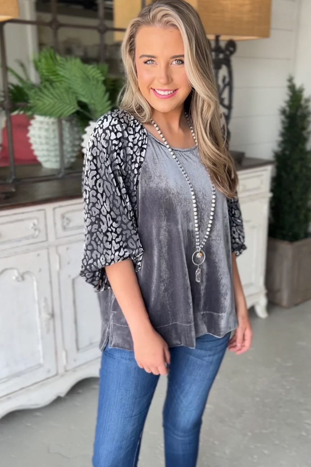 Medium Grey Leopard Splicing Lantern Sleeve Velvet Blouse - loveforevers