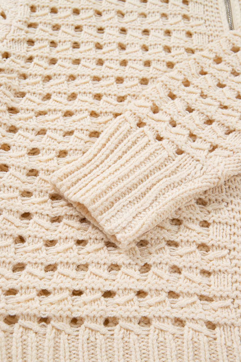 Beige Hollowed Pattern Knit Zip Up Drop Shoulder Sweater Cardigan - loveforevers