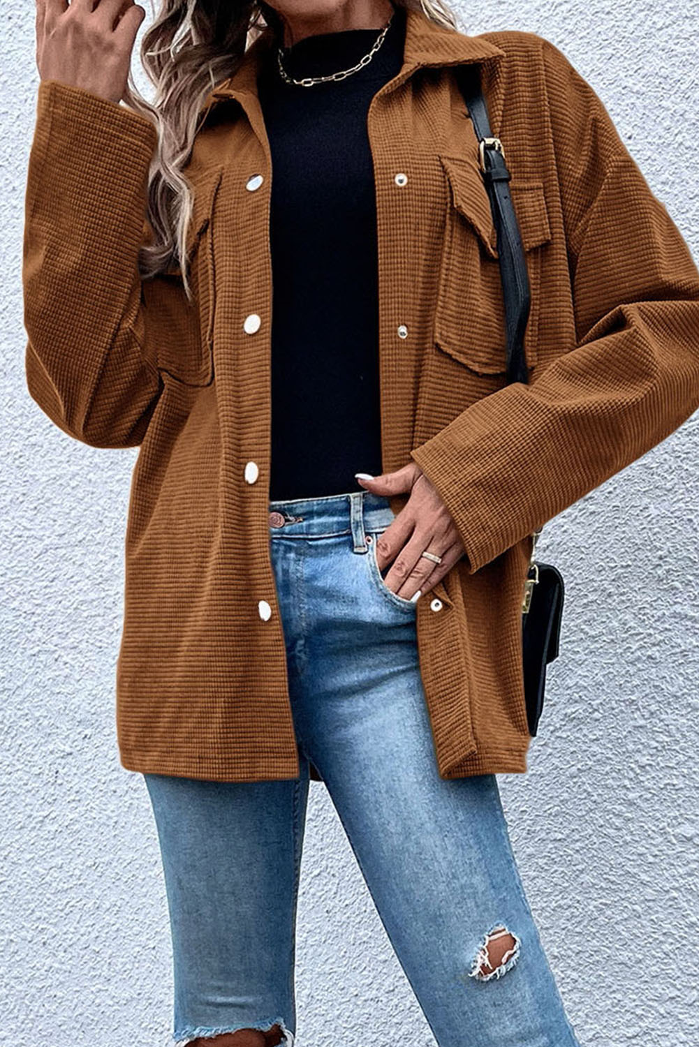 Brown Textured Flap Pocket Drop Shoulder Shacket - loveforevers