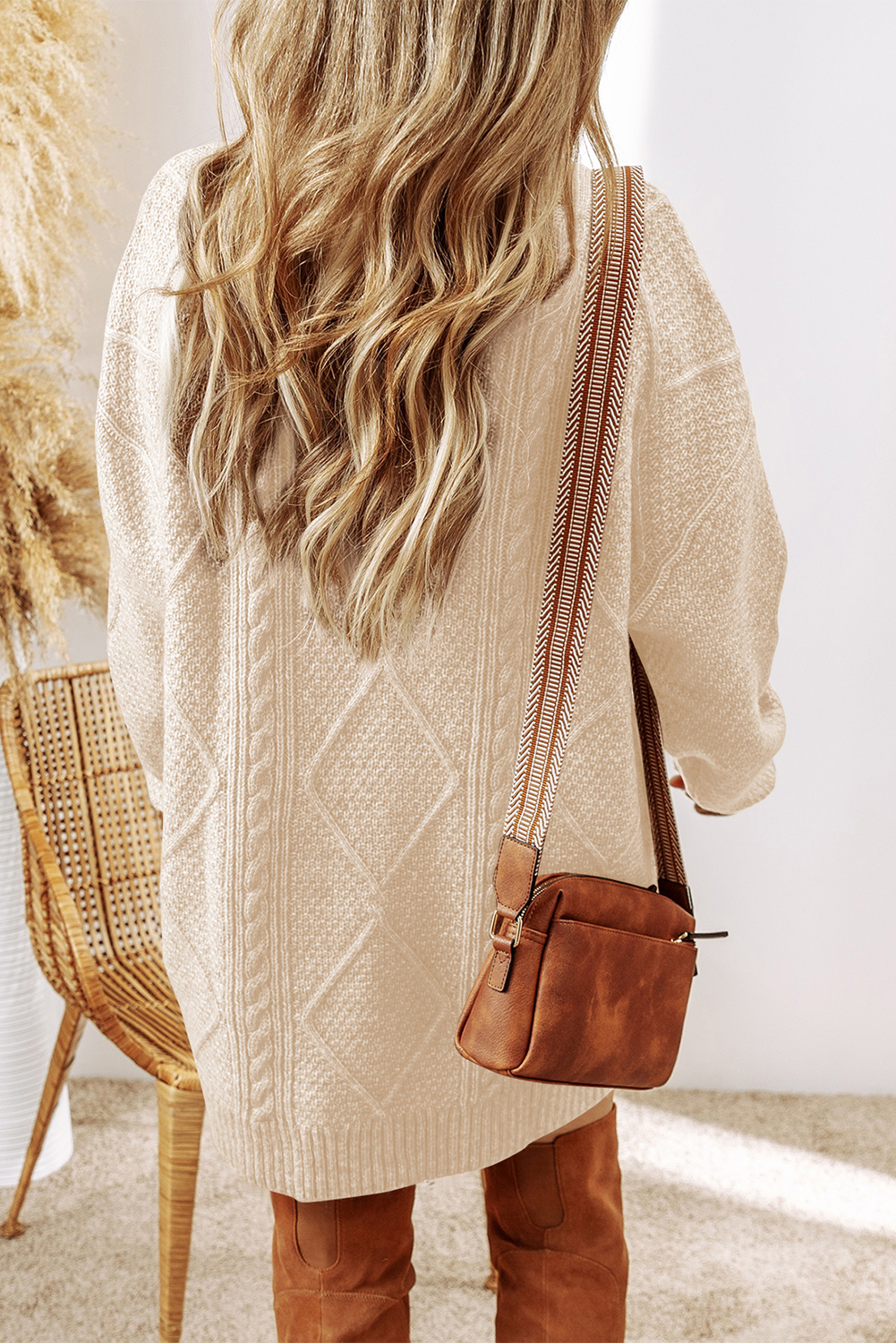 Parchment Cable Knit Drop Shoulder Loose Fit Sweater Dress - loveforevers