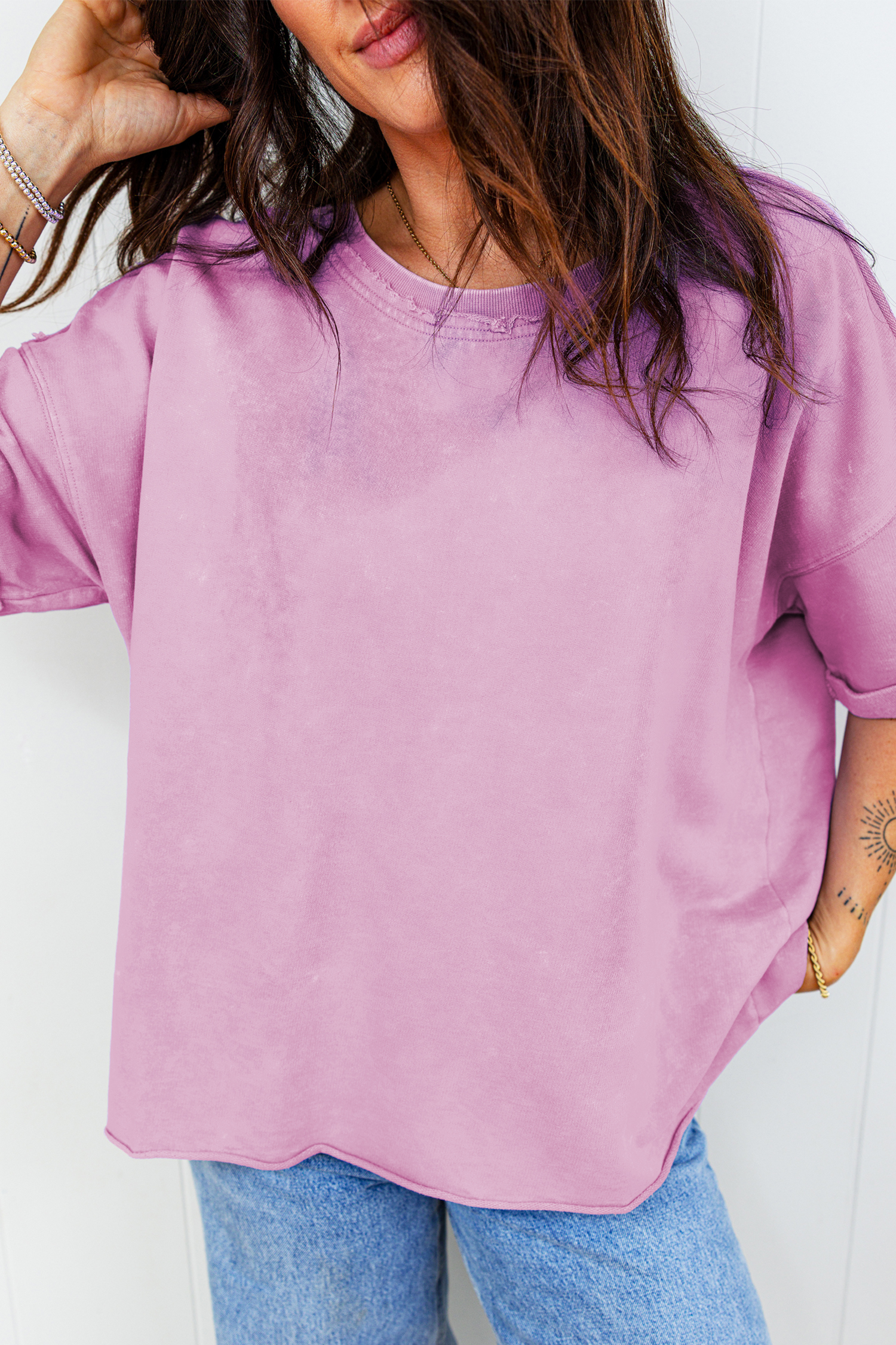 Lavendula Mineral Wash Drop Shoulder Raw Edge Loose Tee - loveforevers