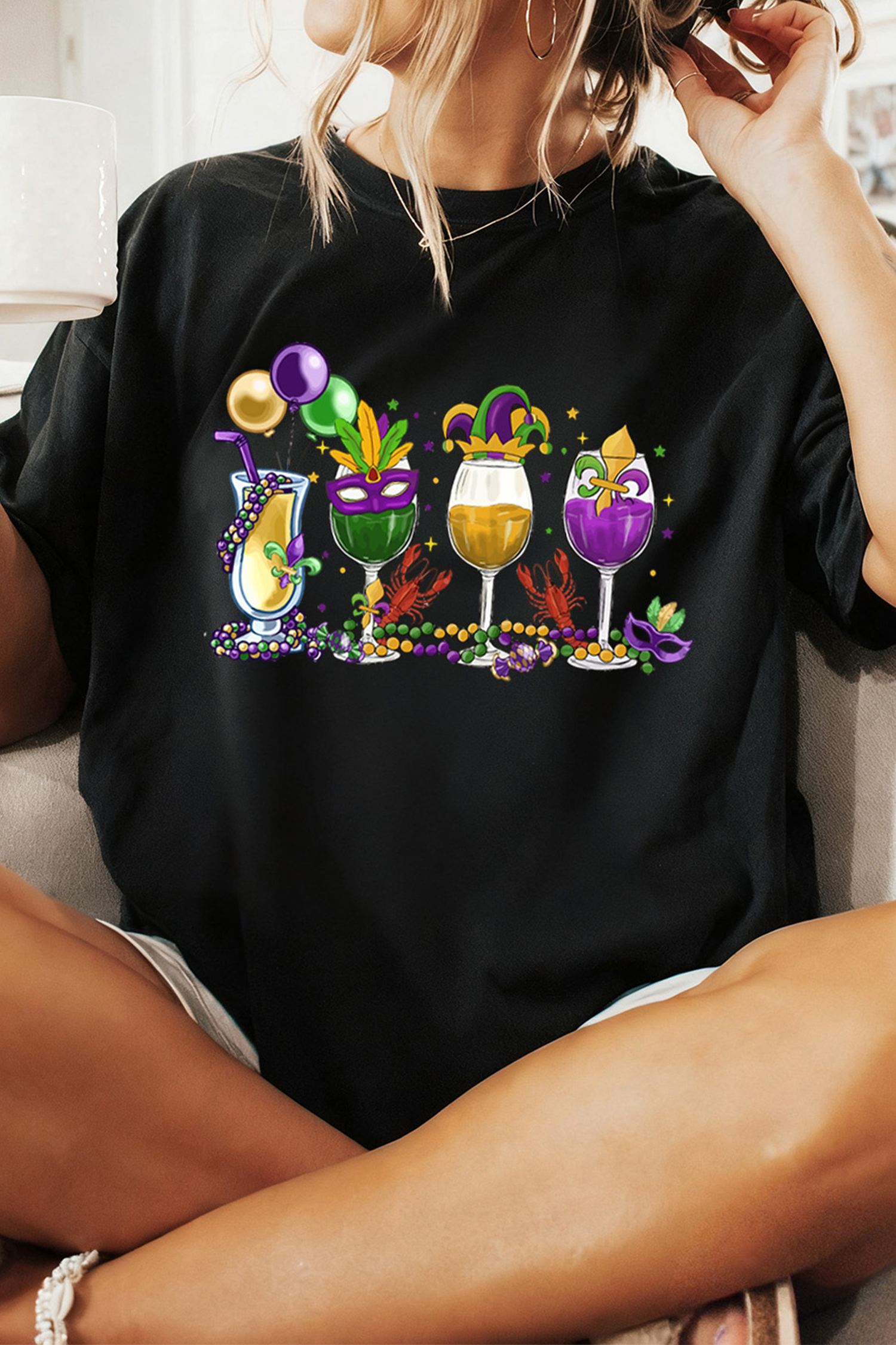 Black Cheerful Mardi Gras Drinks Crayfish Printed T Shirt - loveforevers