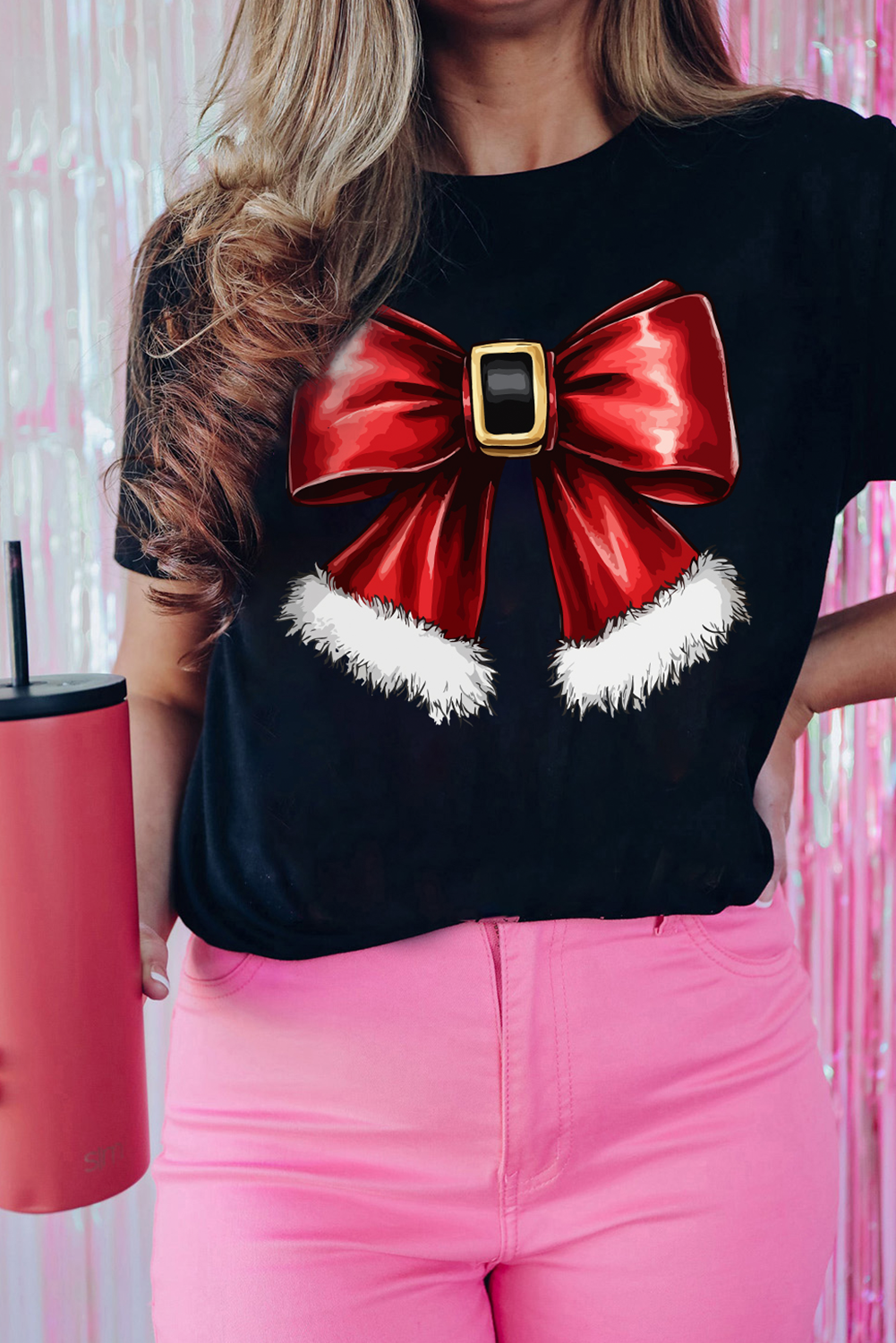 Black Christmas Big Bowknot Graphic Crewneck T Shirt - loveforevers