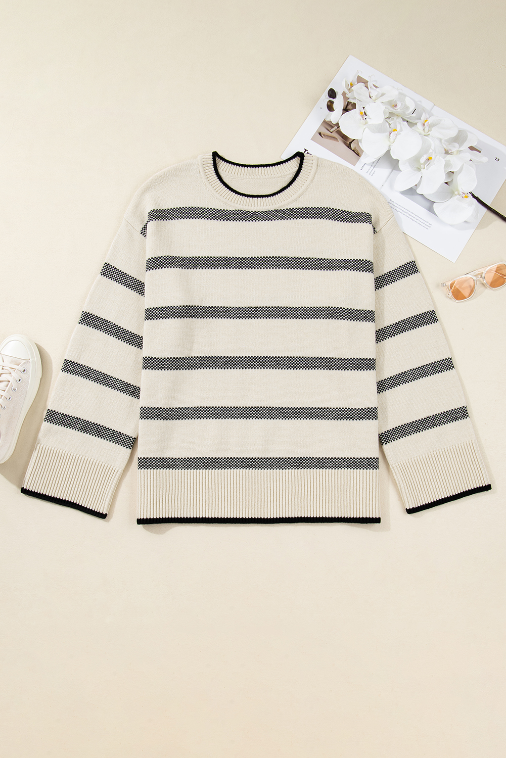 Apricot Stripe Wide Sleeve Drop Shoulder Crew Neck Plus Sweater - loveforevers