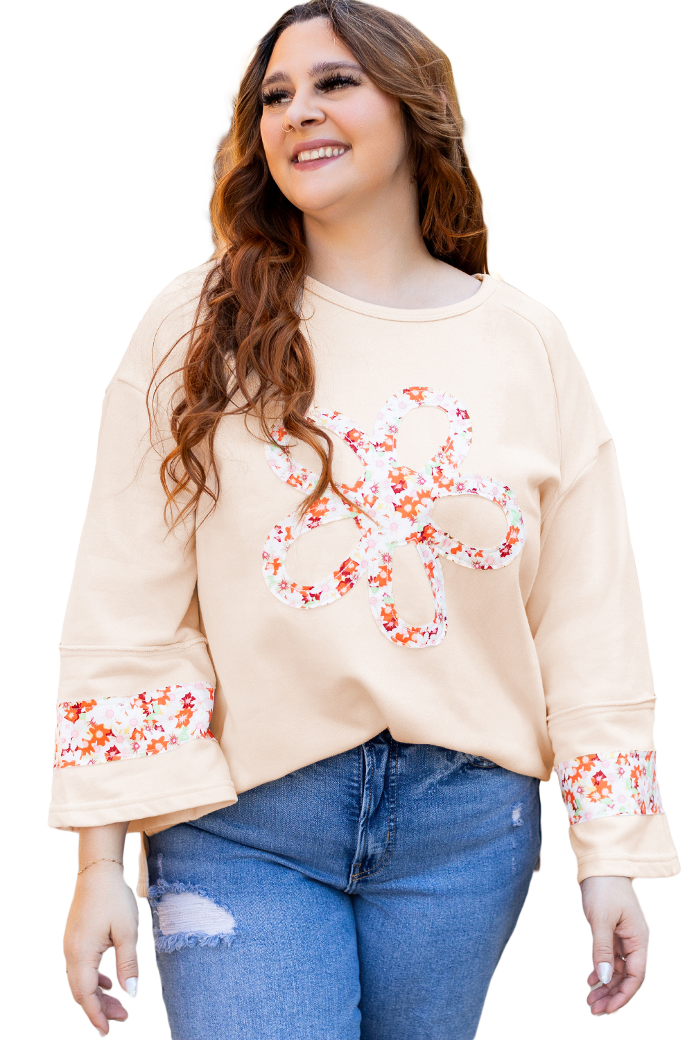 Beige Flower Patch Graphic Exposed Seam Wide Sleeve Top - loveforevers