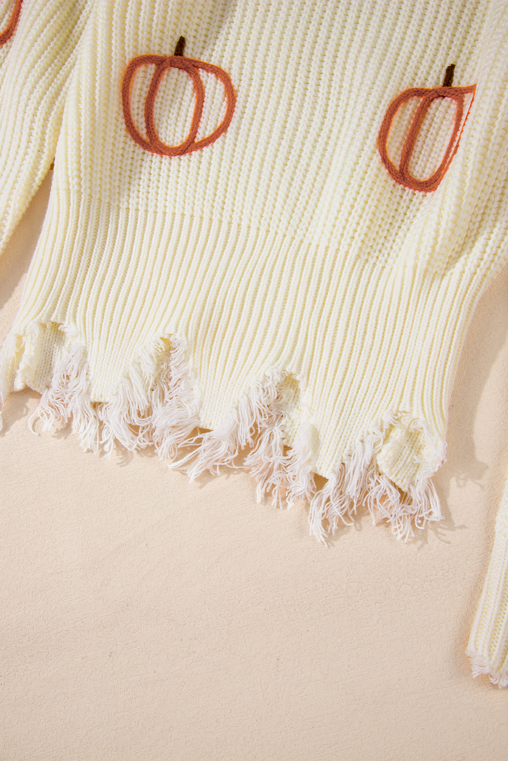 Beige Cable Knit Pumpkin Raw Hem V Neck Loose Sweater - loveforevers