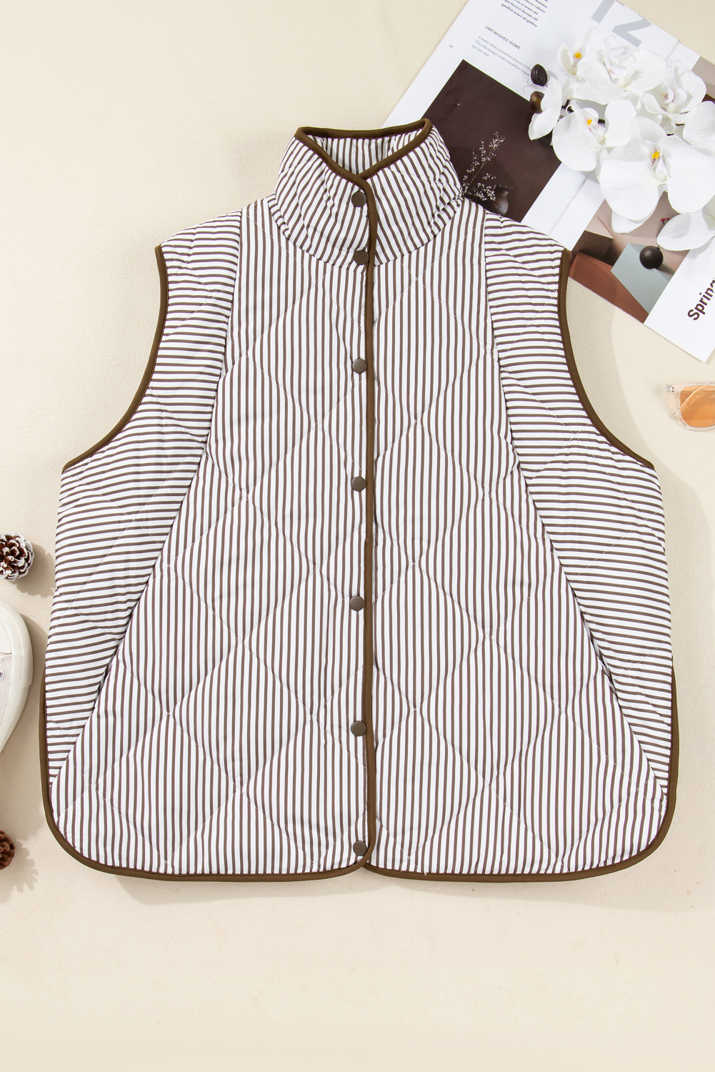 Black Stripe Contrast Trim Snap Button Collared Winter Vest - loveforevers